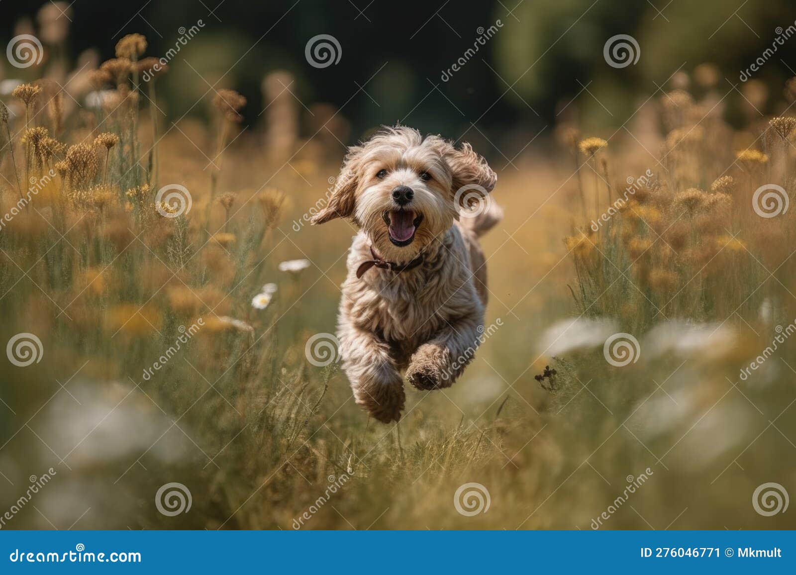 A Dog Jumps through a Field of Flowers Generative AI Stock Illustration