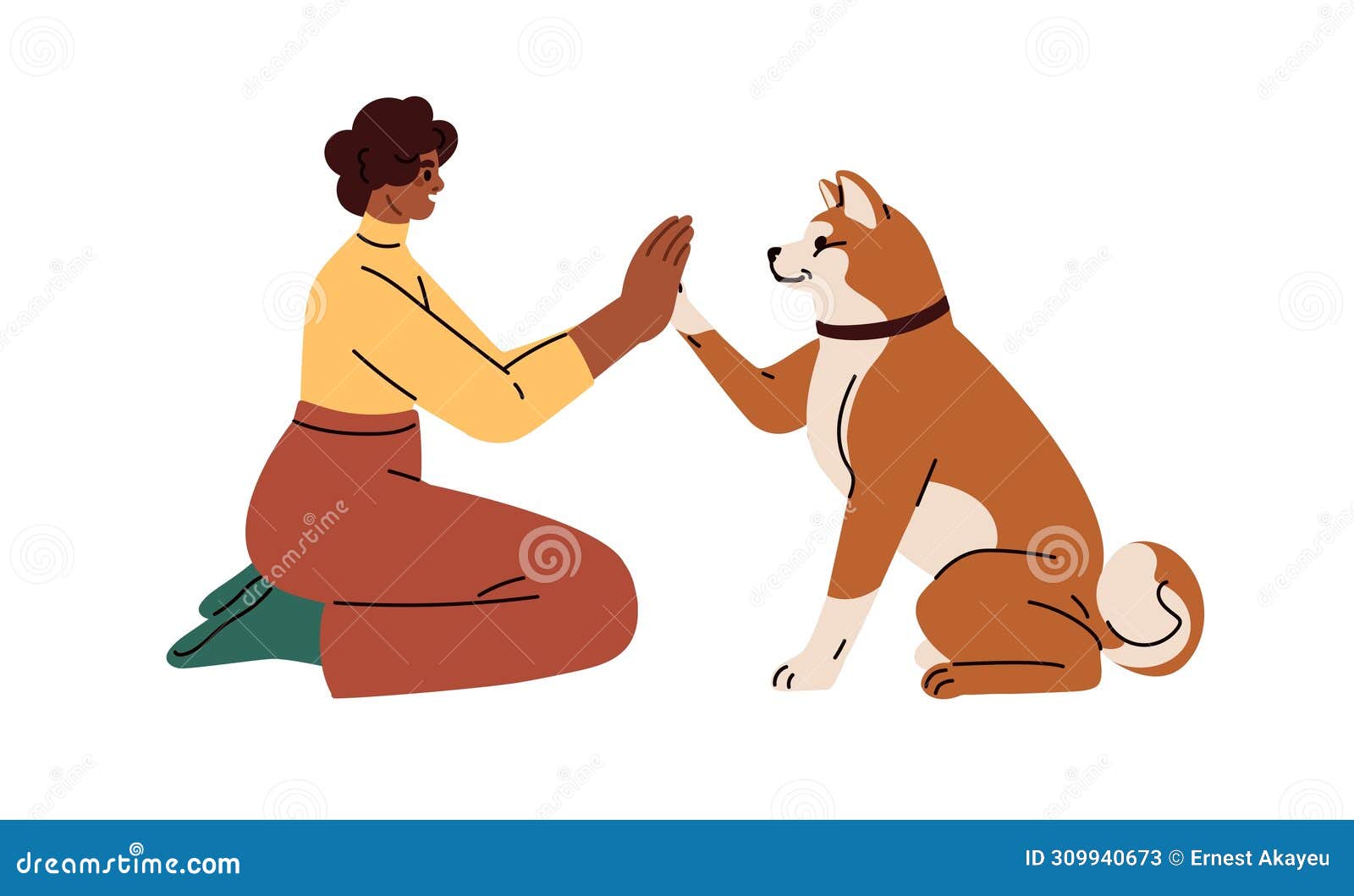 dog owner training cute smart doggy to give high five, paw clapping hand. human and obedient pet animal communication