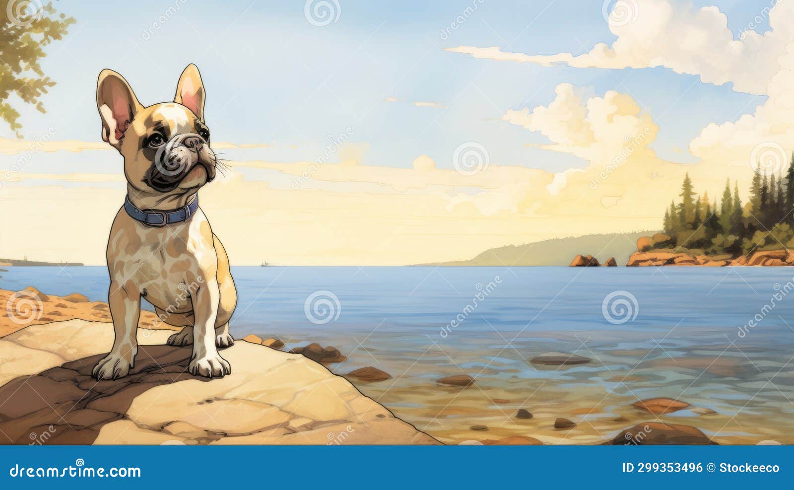 serene oceanic vistas: a comic art  of a dog on a hill