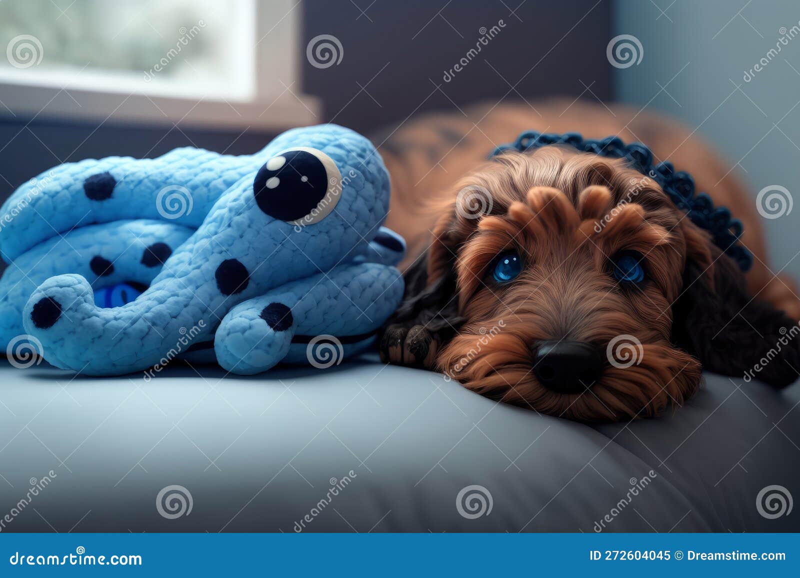 Dog Pet Resting with a Toy Octopus on the Bed Generative AI Stock