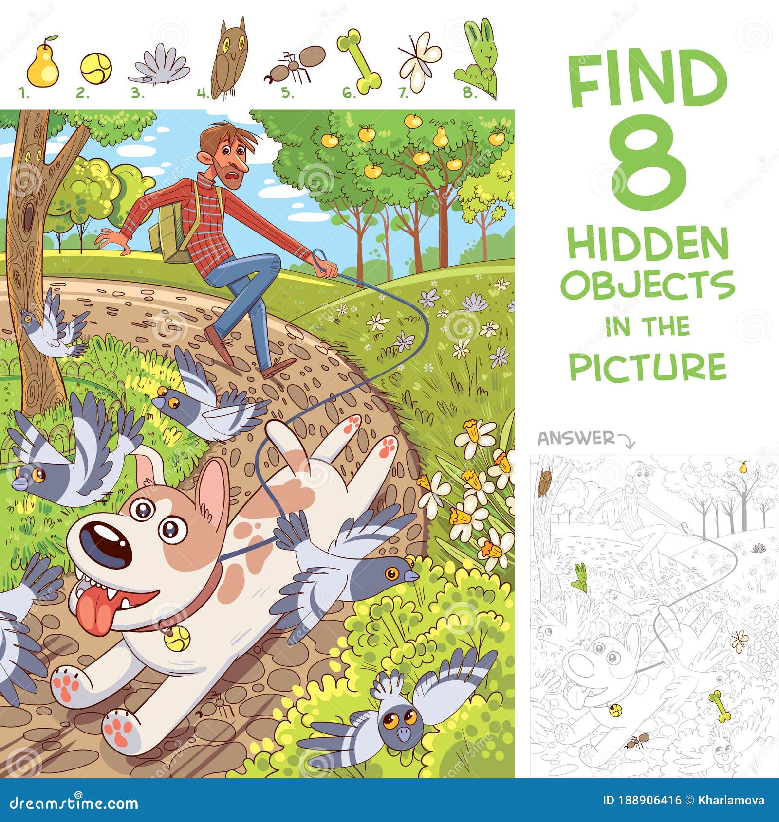 dog pulls leash with its owner. walk in the park. find hidden objects