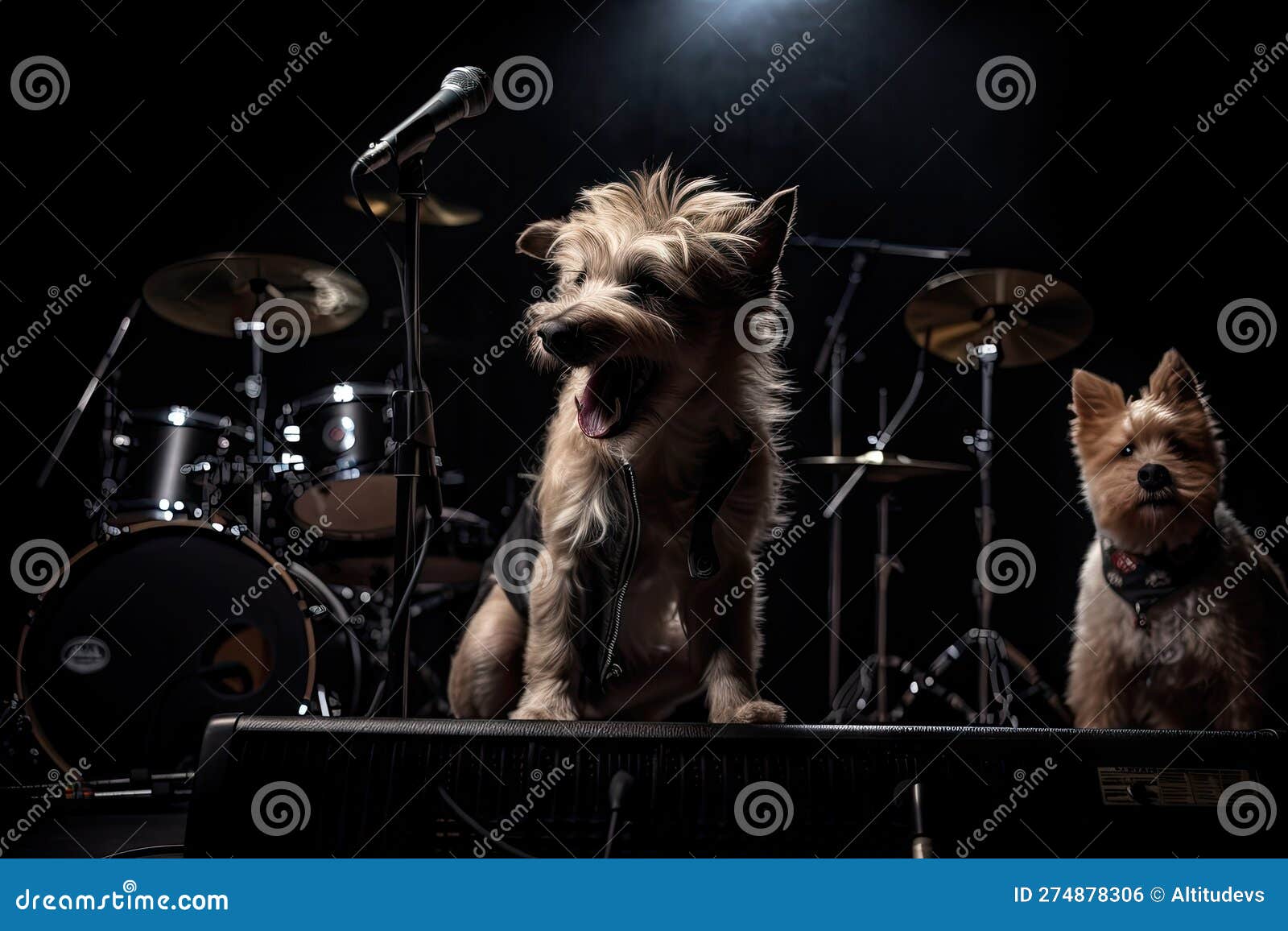 Dog with Rock Band, Playing Guitar and Singing in Spotlight Stock