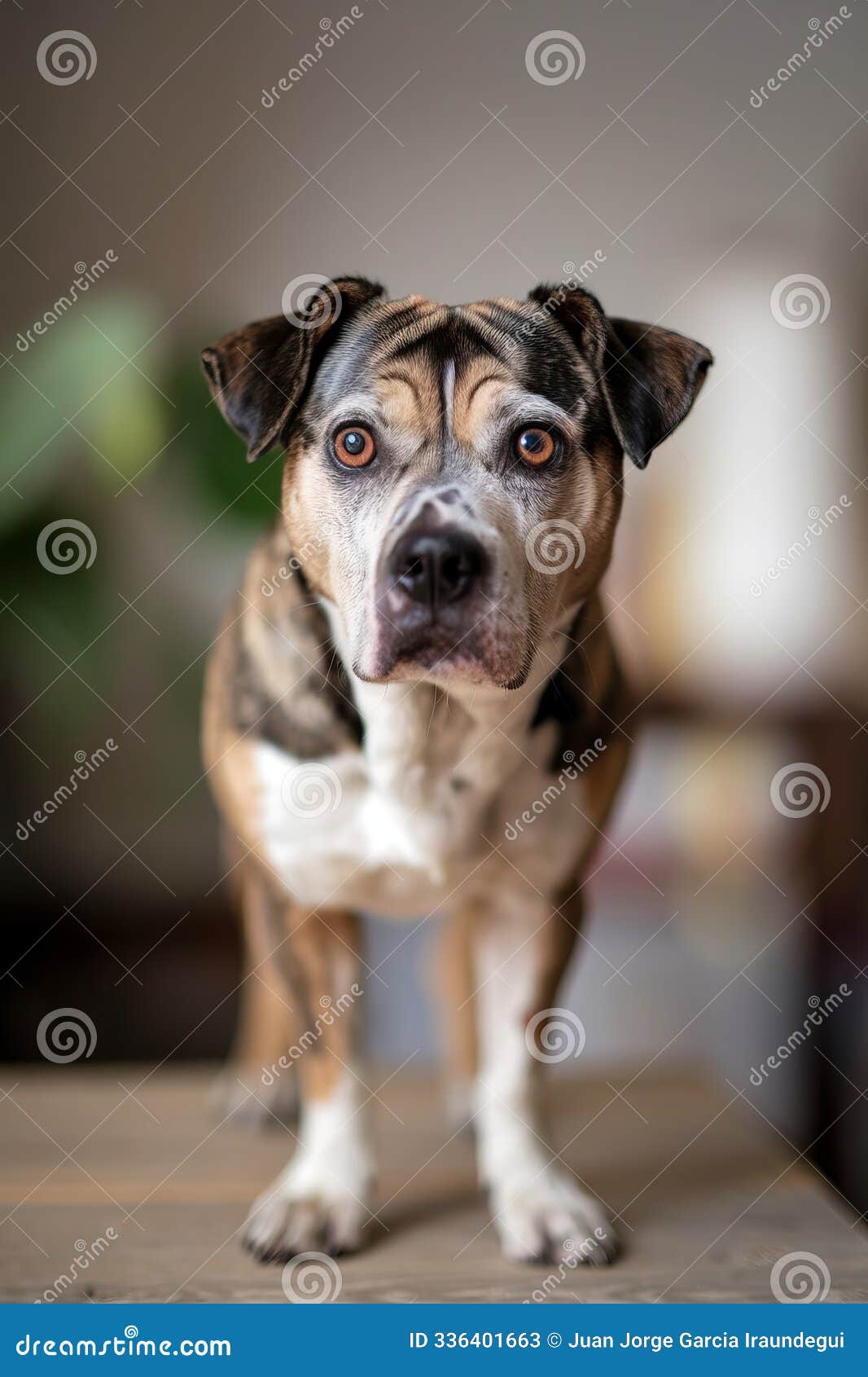 a dog 's disapproving gaze in a cozy living room