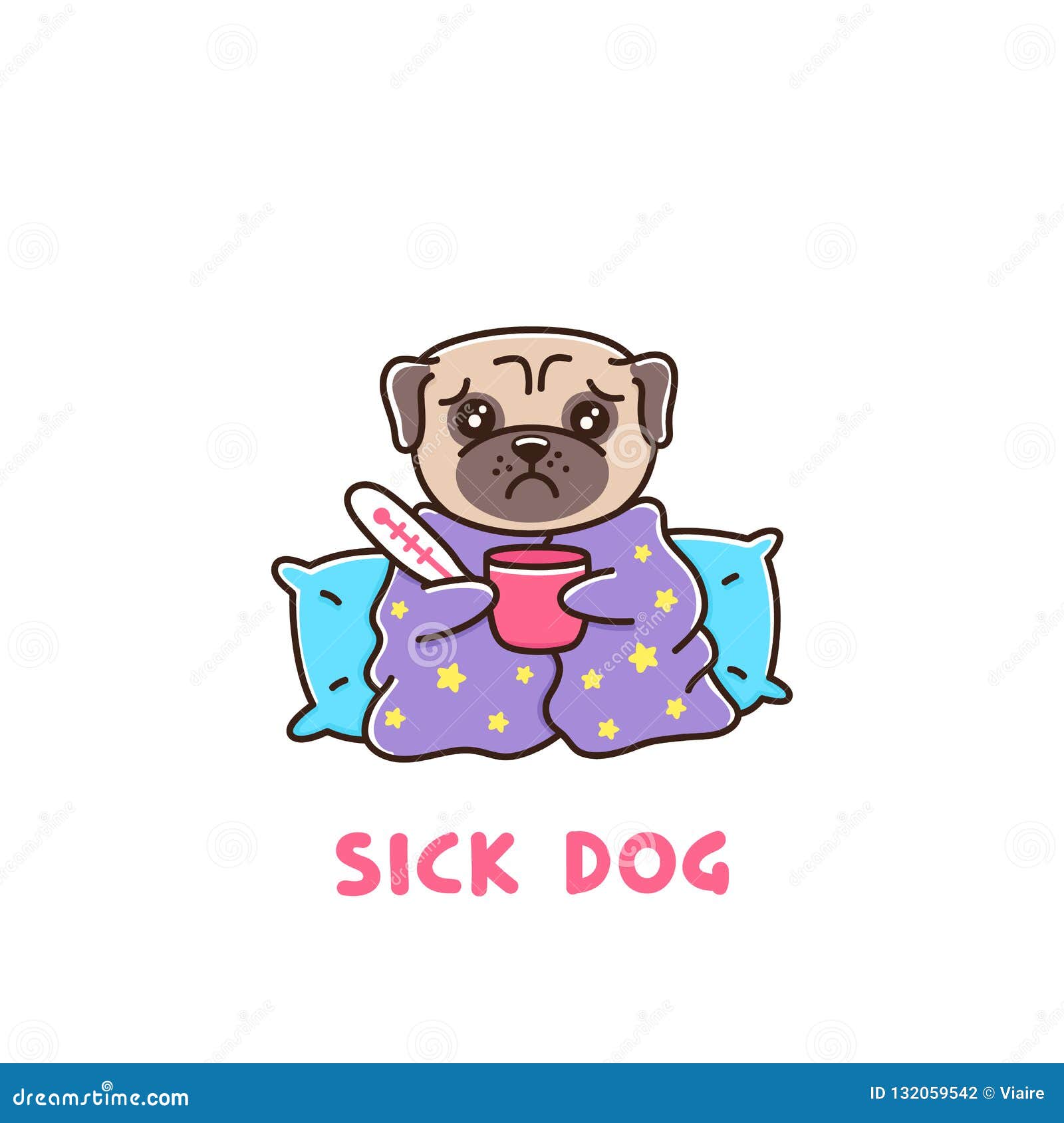 The Dog is Sick with a Thermometer Wrapped in a Blanket, with a Mug of ...