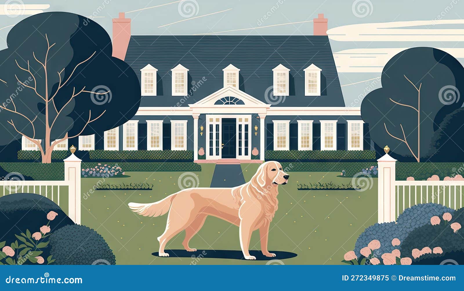 A Dog is Standing in Front of a Large White House Stock Illustration