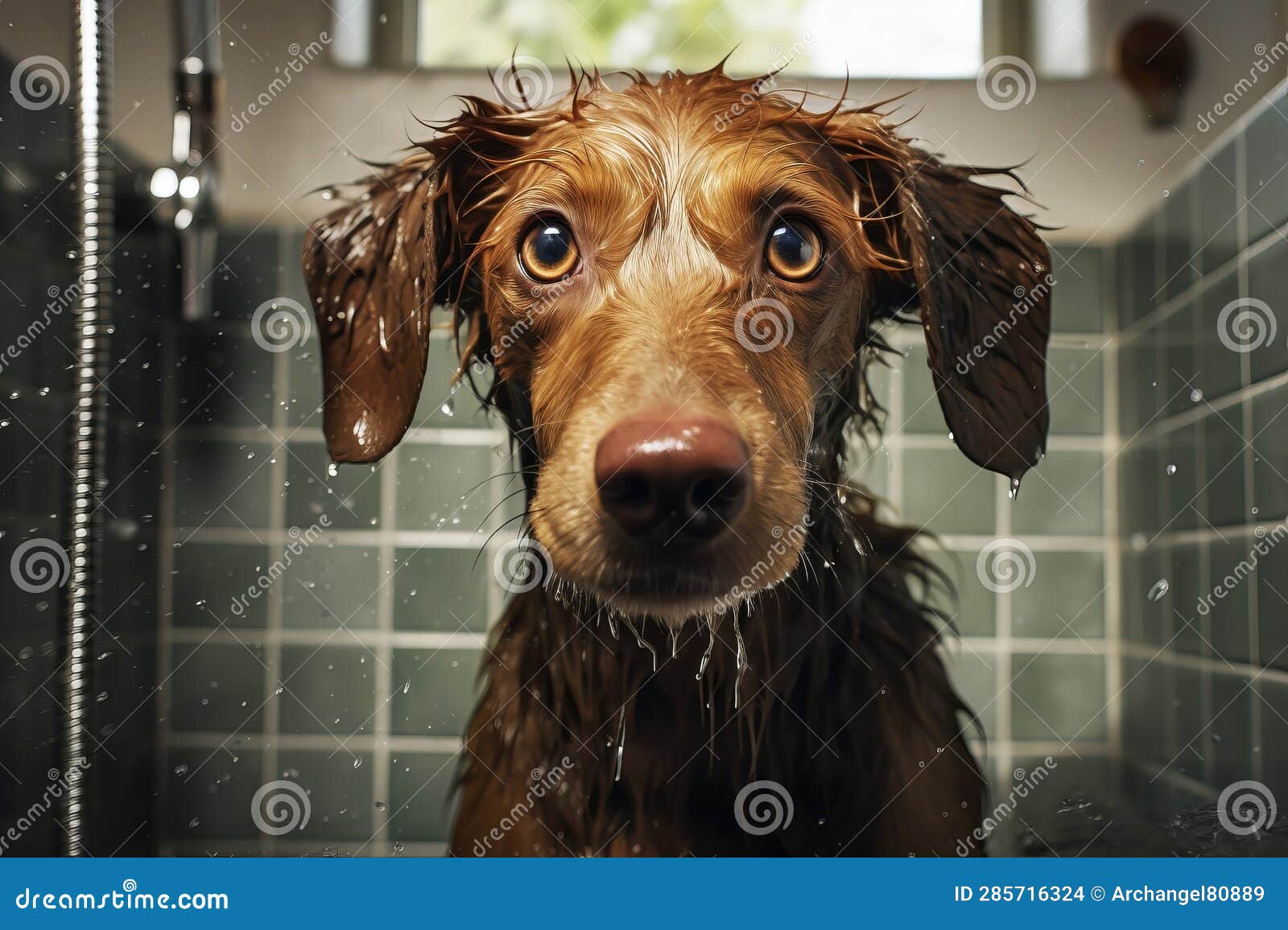 The Dog is Taking a Bath. Generative AI Stock Illustration