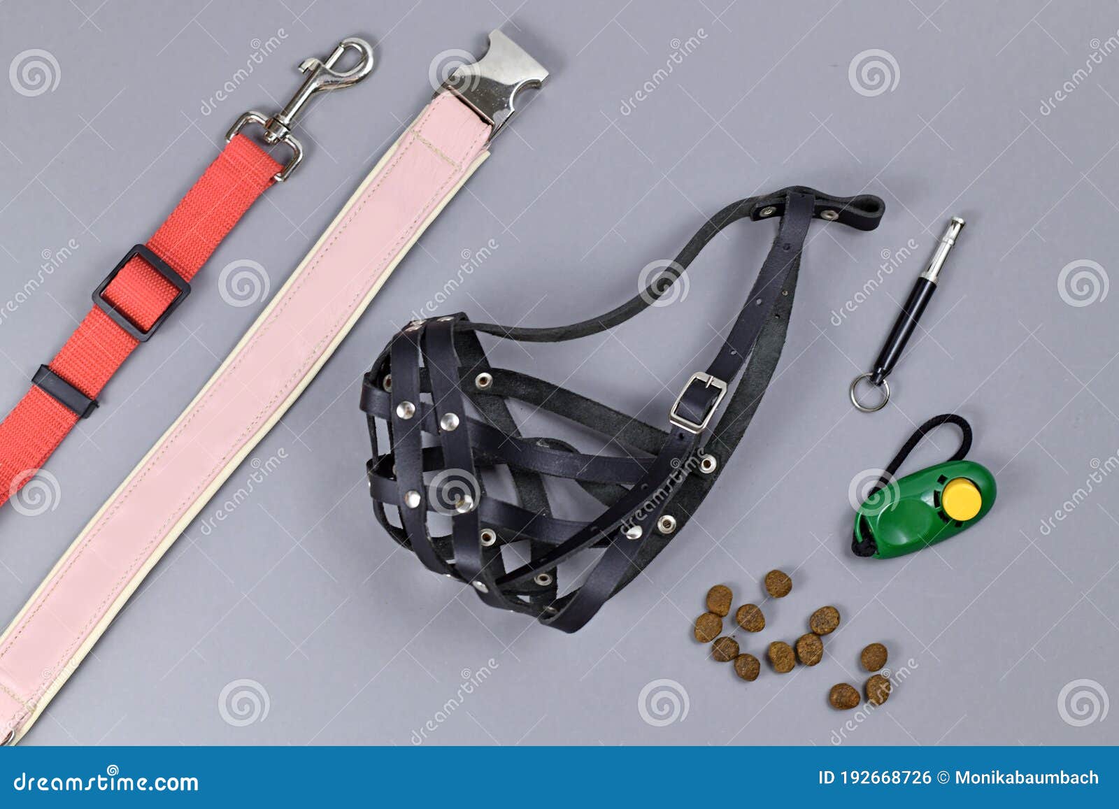dog training conept with tools like clicker, dog whistle, leash, collar, treats and restraining muzzle on gray background