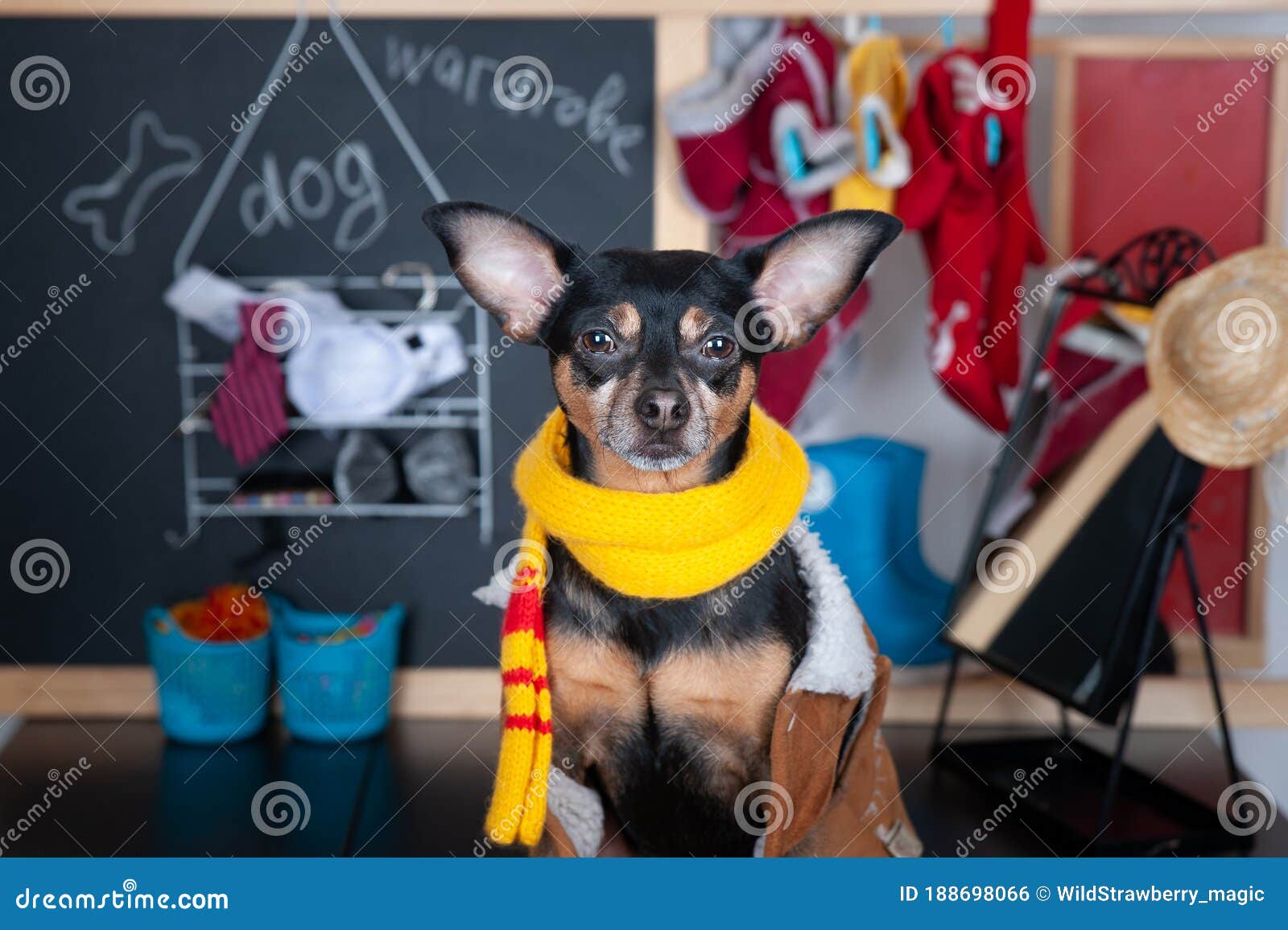 Dog Wardrobe Concept , Portrait of a Cute Dog with a Wardrobe with