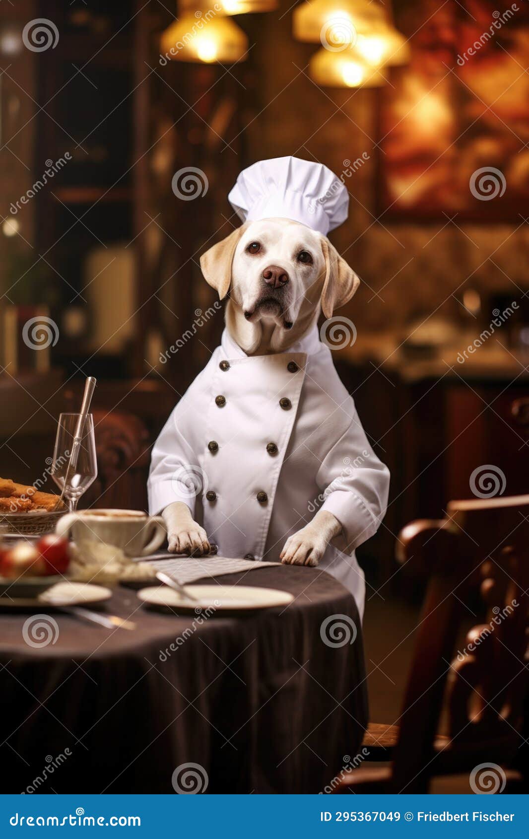 A Dog Wearing a Chef S Hat Sitting at a Table Stock Image Image of