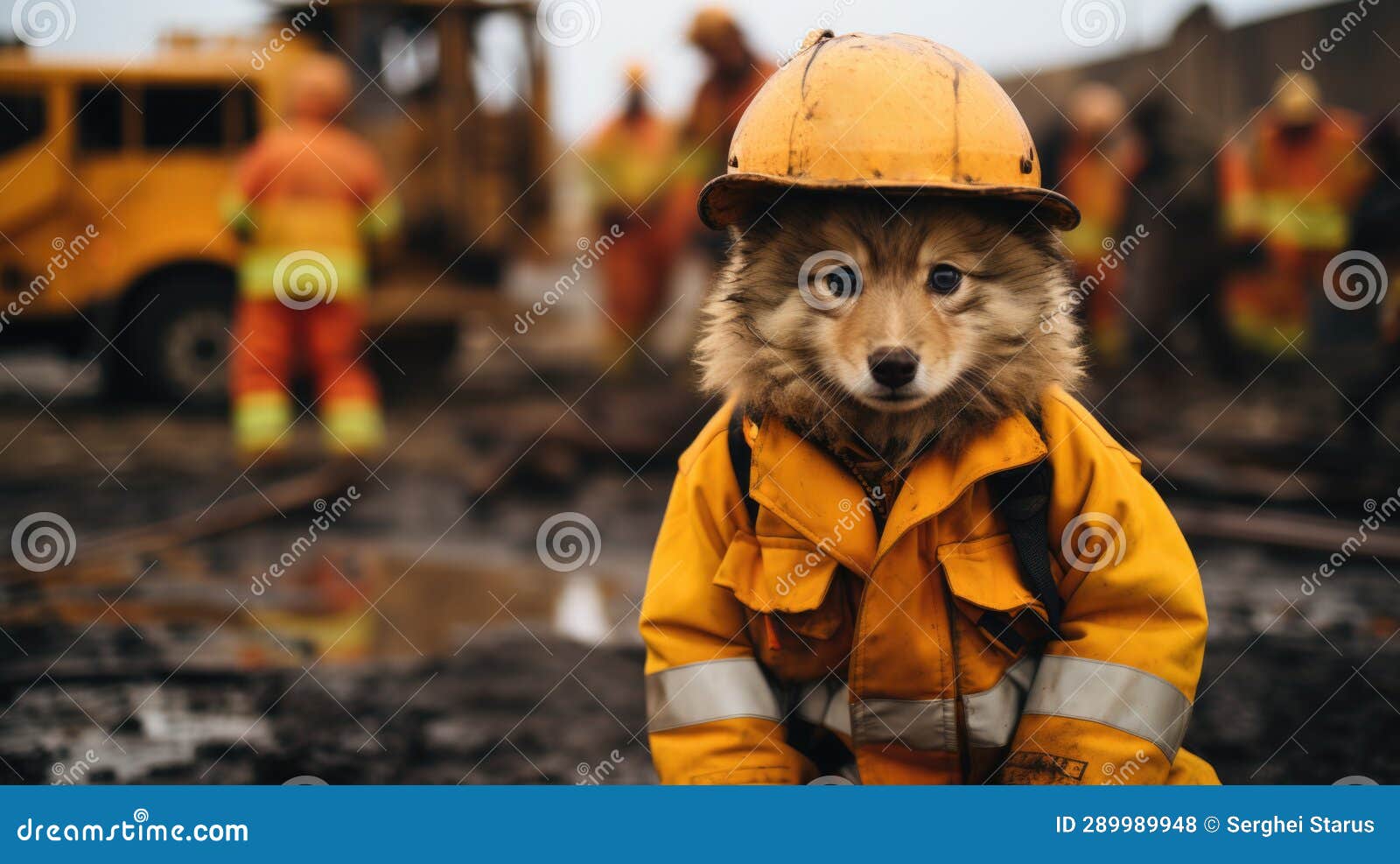 A Dog Wearing a Hard Hat and a Yellow Jacket, AI Stock Illustration