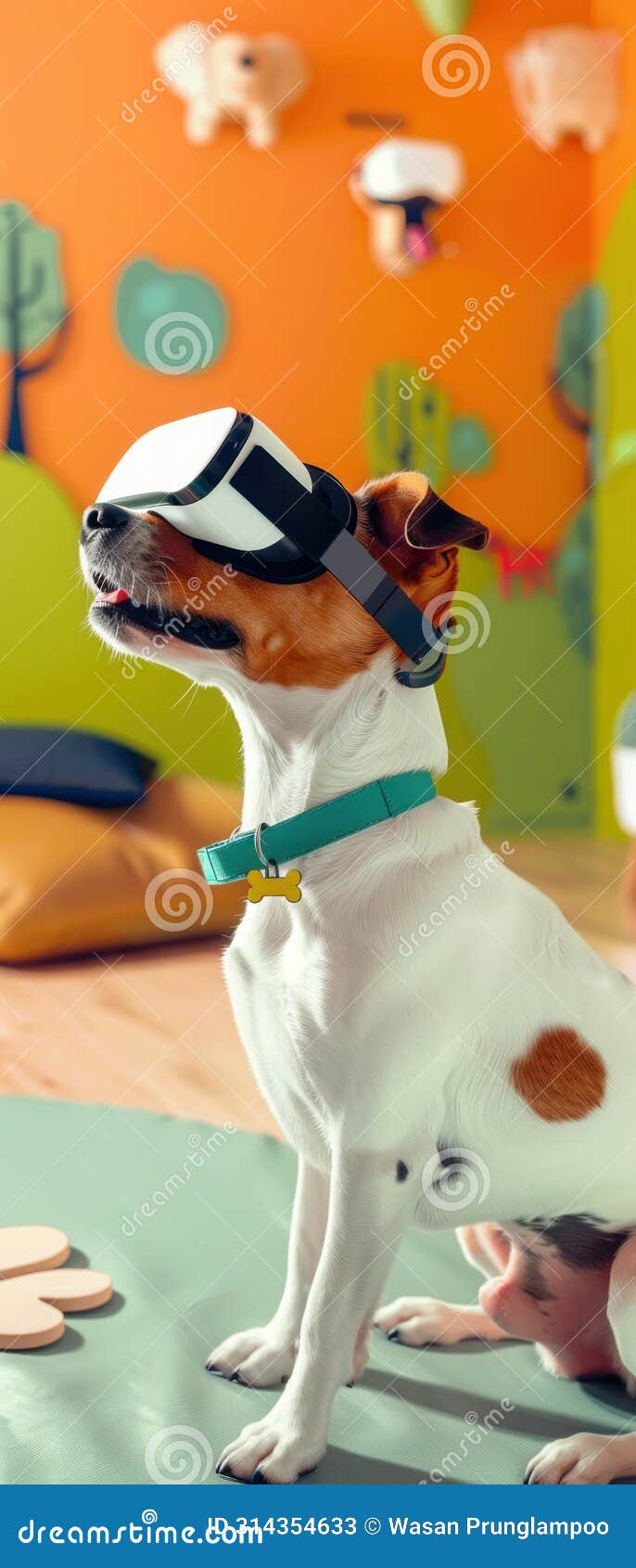 a dog wearing a virtual reality headset is sitting on the floor and looking around