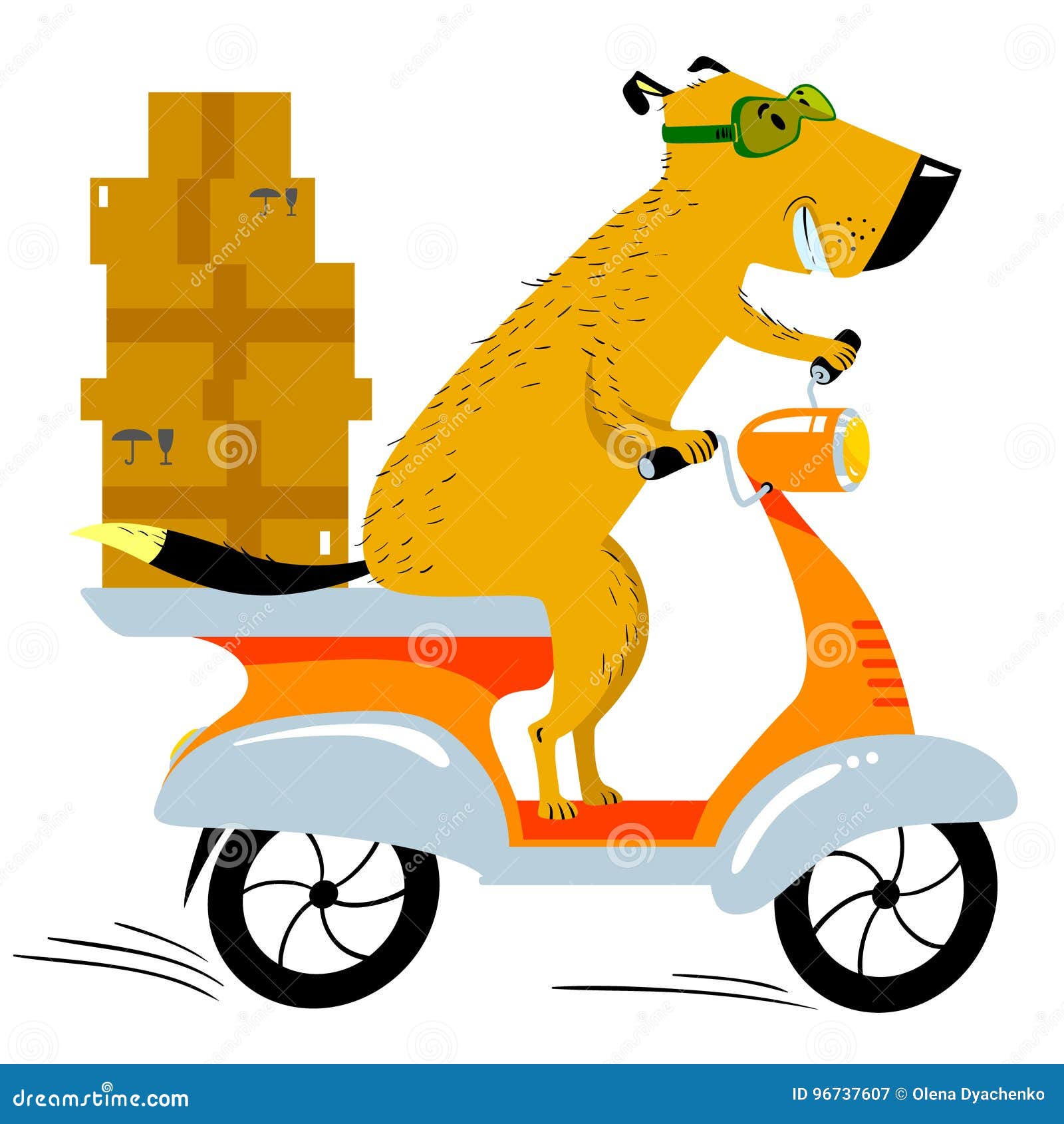 Dog Working in the Delivery. Pet Character Scooter Driver with B Stock