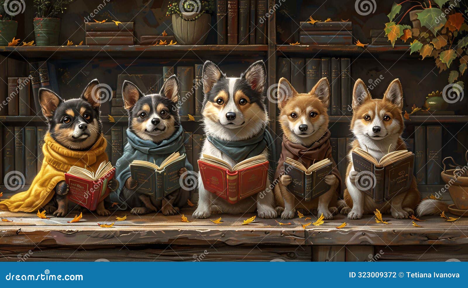 dogs enjoying books in a warm library.