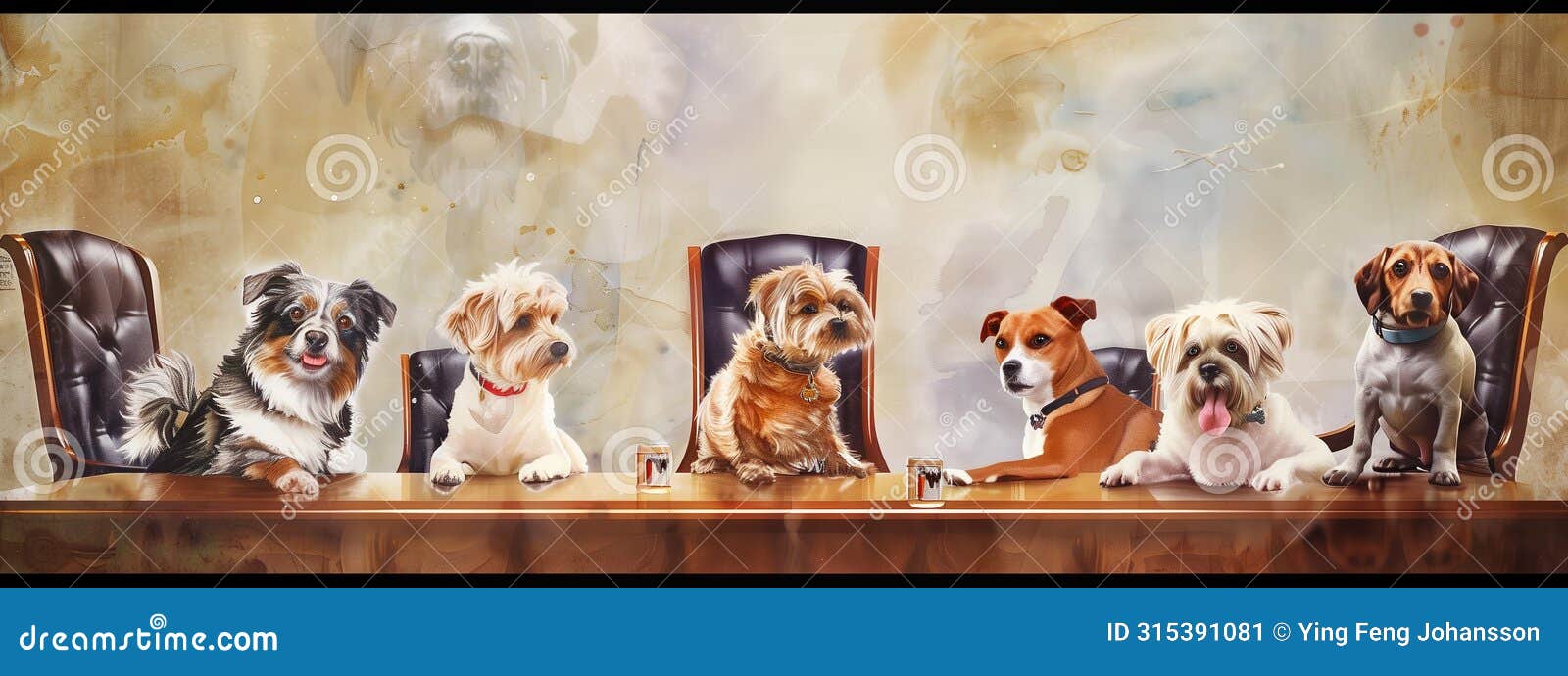 dogs in formal meeting, looking confused an worried. cartoon.