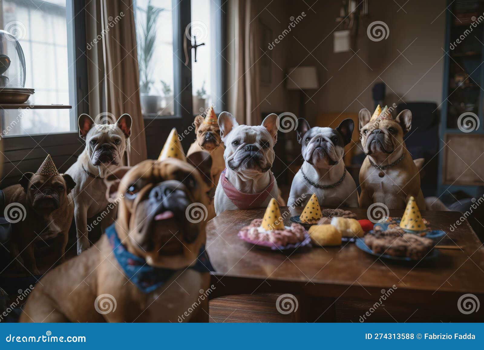 Dogs with Party Hats Celebrating Birthday. Generative AI Stock