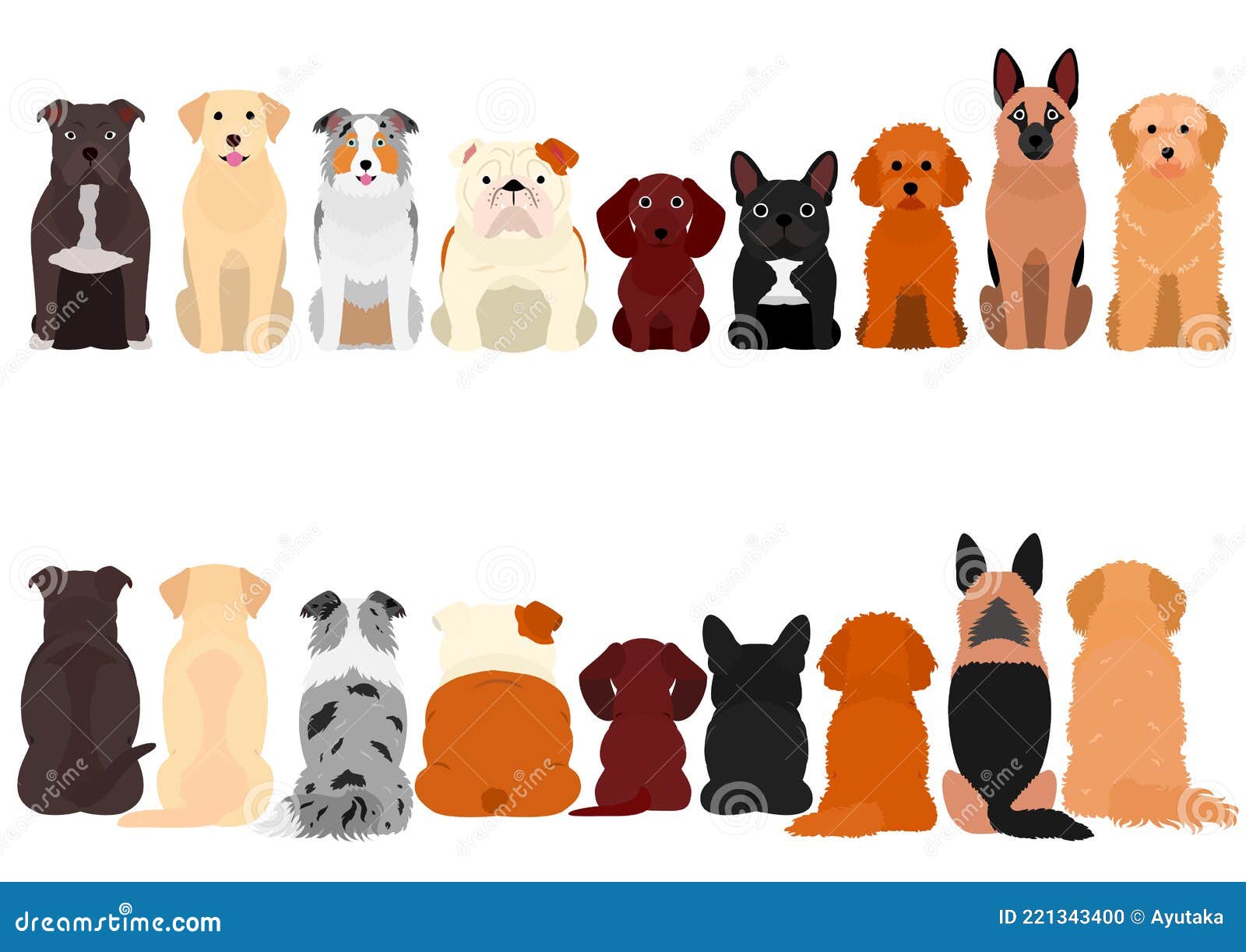 Dogs Sitting in a Row, Front and Back Stock Photo Illustration of