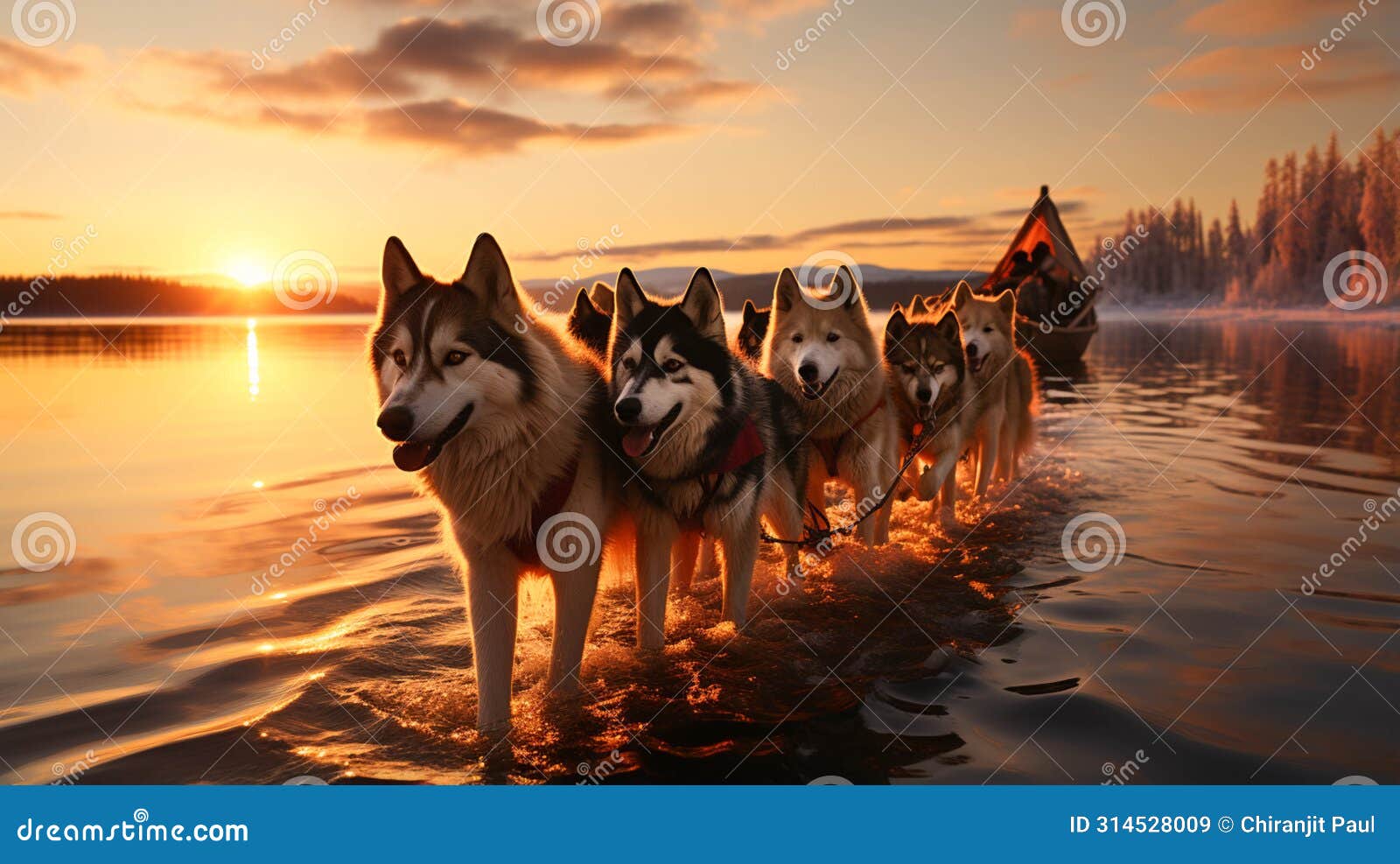 dogsledding on frozen lake at sunset