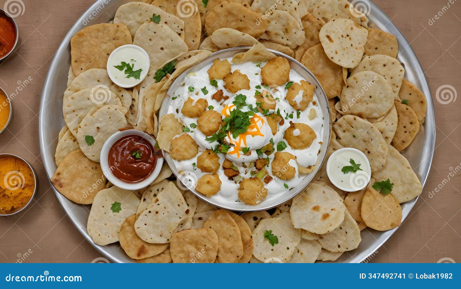 doi papri chaat, papdi, dahi bhalla, bhallay, potato, crackers, masala and yogurt served in plate  on background