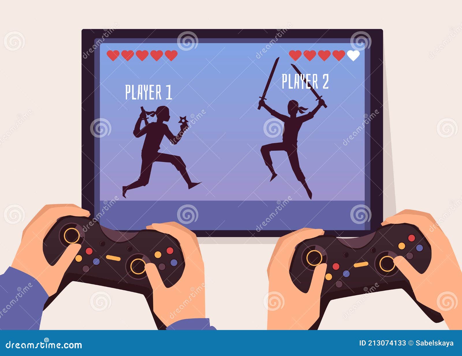 Dois Jogadores Lutam Com a Tela Do Jogo E Mãos Segurando Joysticks Para  Jogos Ilustração do Vetor - Ilustração de controle, cartoon: 213074133