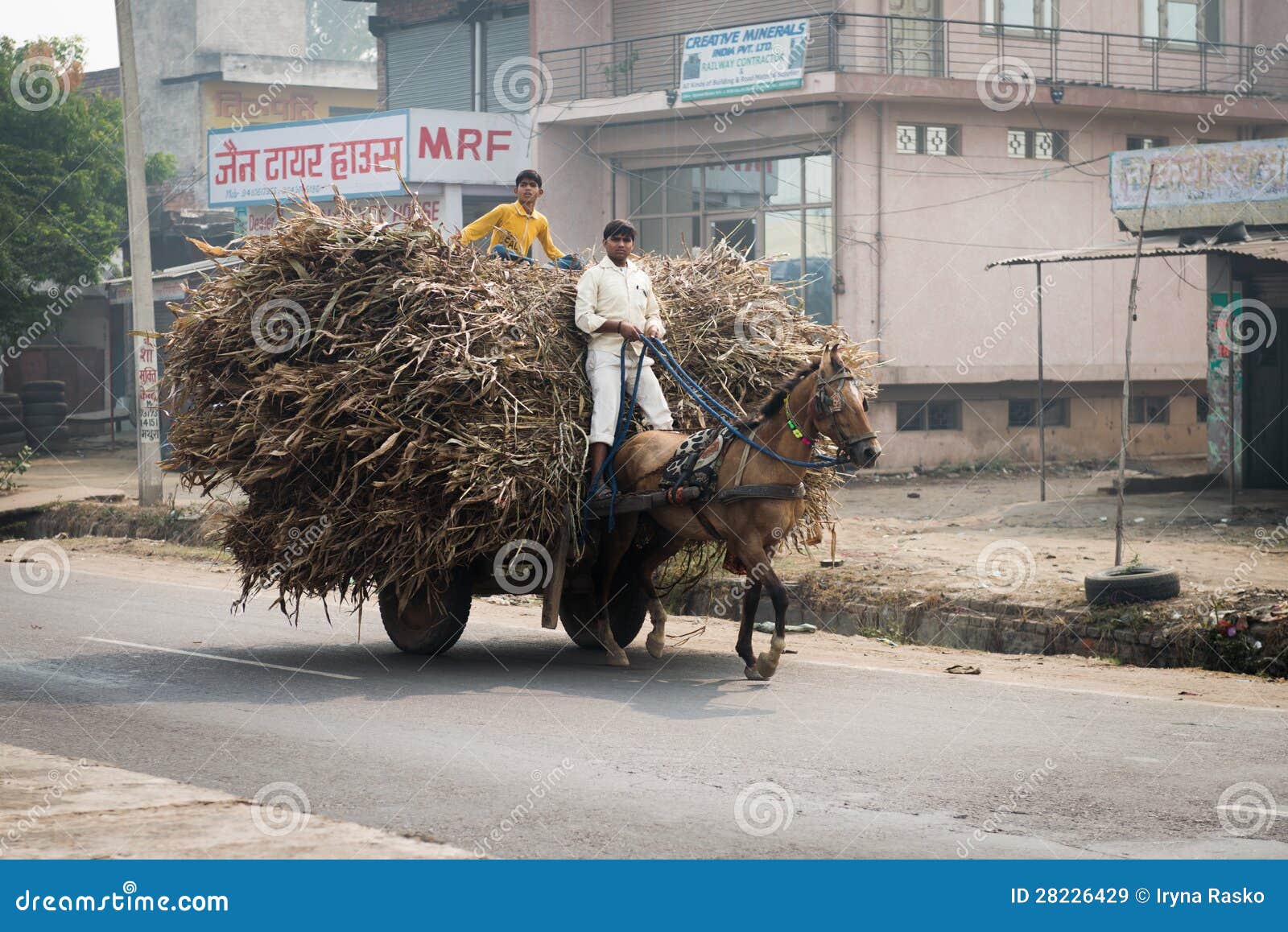 AGRA, INDIA - 15 DE NOVEMBRO: Dois meninos indianos montam um cavalo com carro carregado em uma estrada o 15 de novembro de 2012 em Agra, India