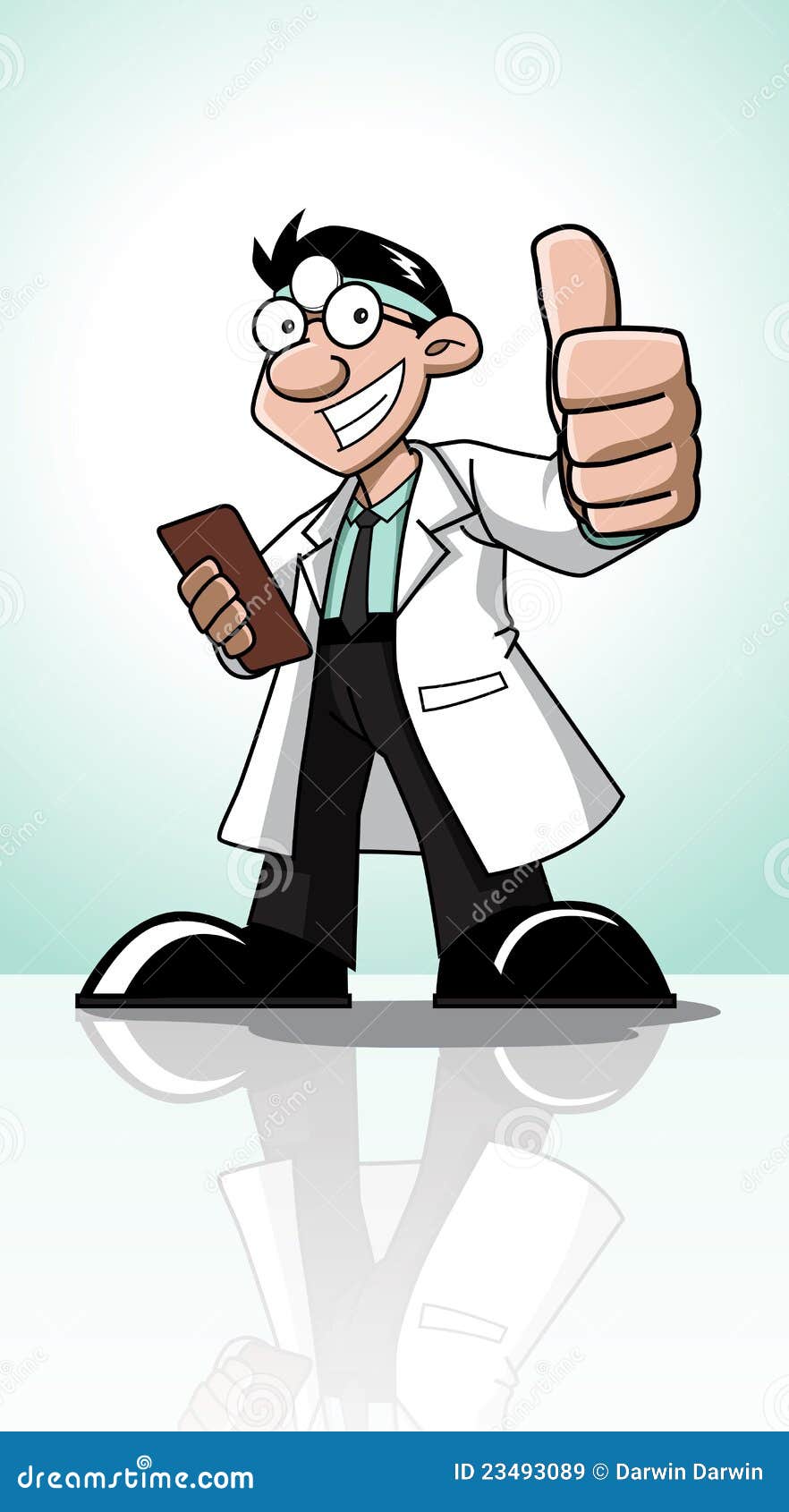 Doktor Cartoon. Nette Zeichentrickfilm-Figur des Berufs (Doktor) eine Anmerkung anhalten und einen Daumen zeigend