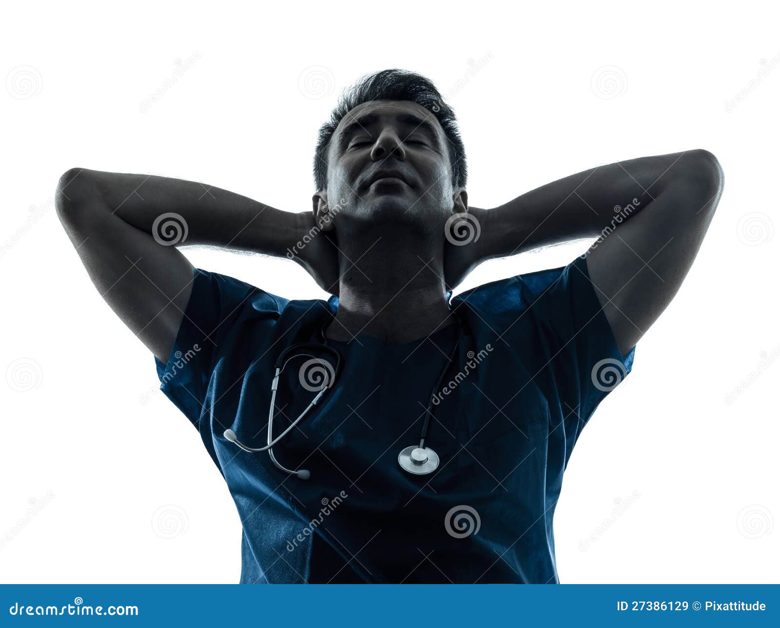 Doktormannholding-Telefondaumen herauf Geste. Ein Arbeitskraftholding-Telefondaumen des kaukasischen Manndoktorchirurgen medizinischer herauf das Gesteschattenbild getrennt auf weißem Hintergrund