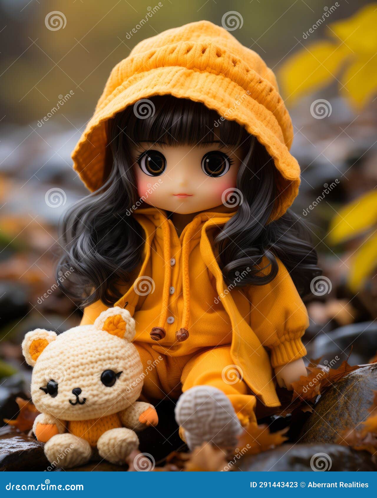 A Doll Wearing a Yellow Raincoat and Holding a Teddy Bear Stock