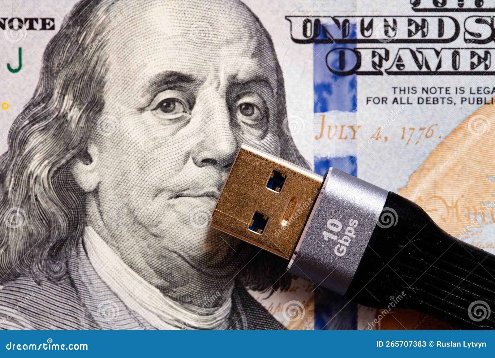 100 Dollar Banknote with Black USB TypeC Cord Stock Image Image of