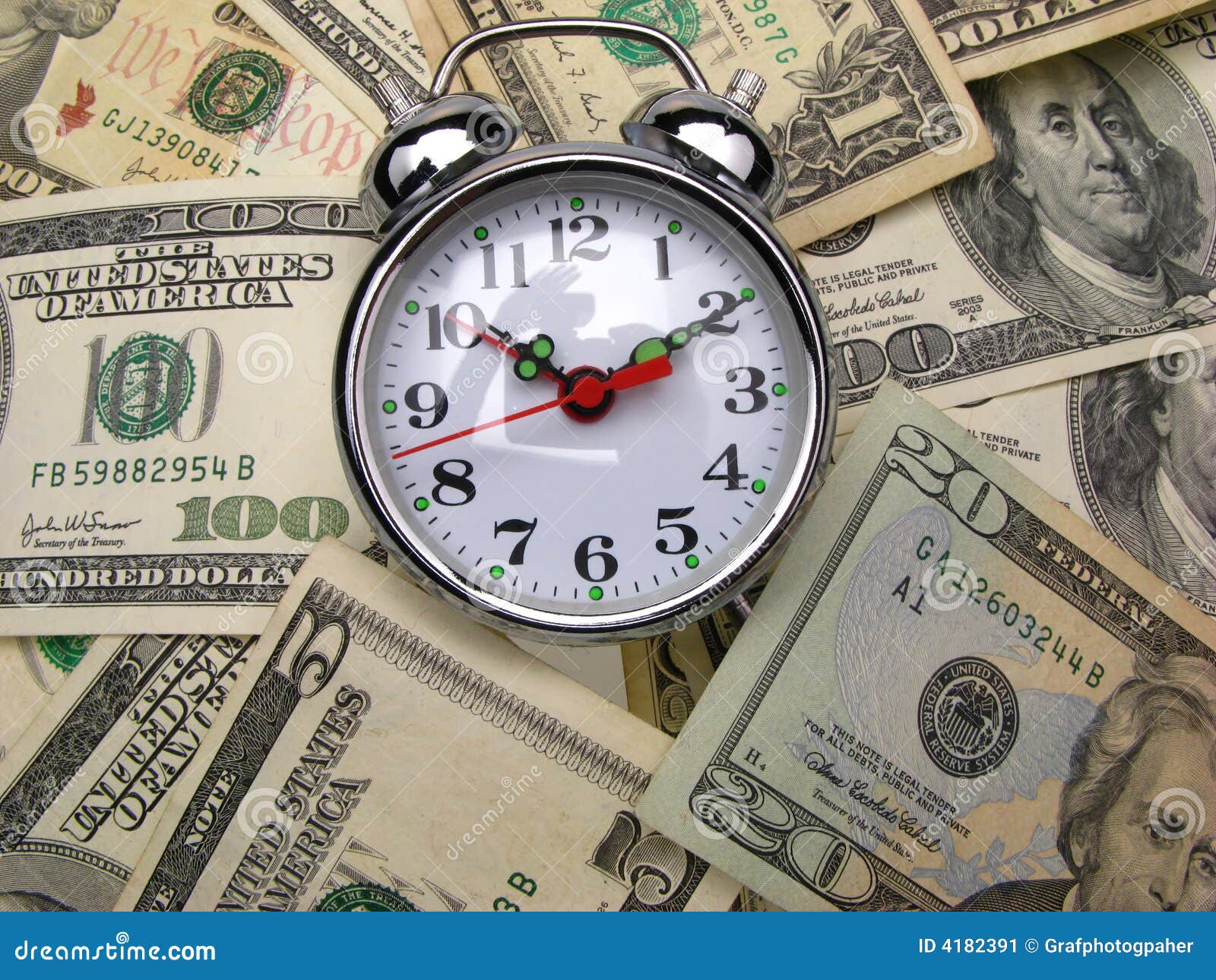Dollar banknotes and clock stock image. Image of business 4182391