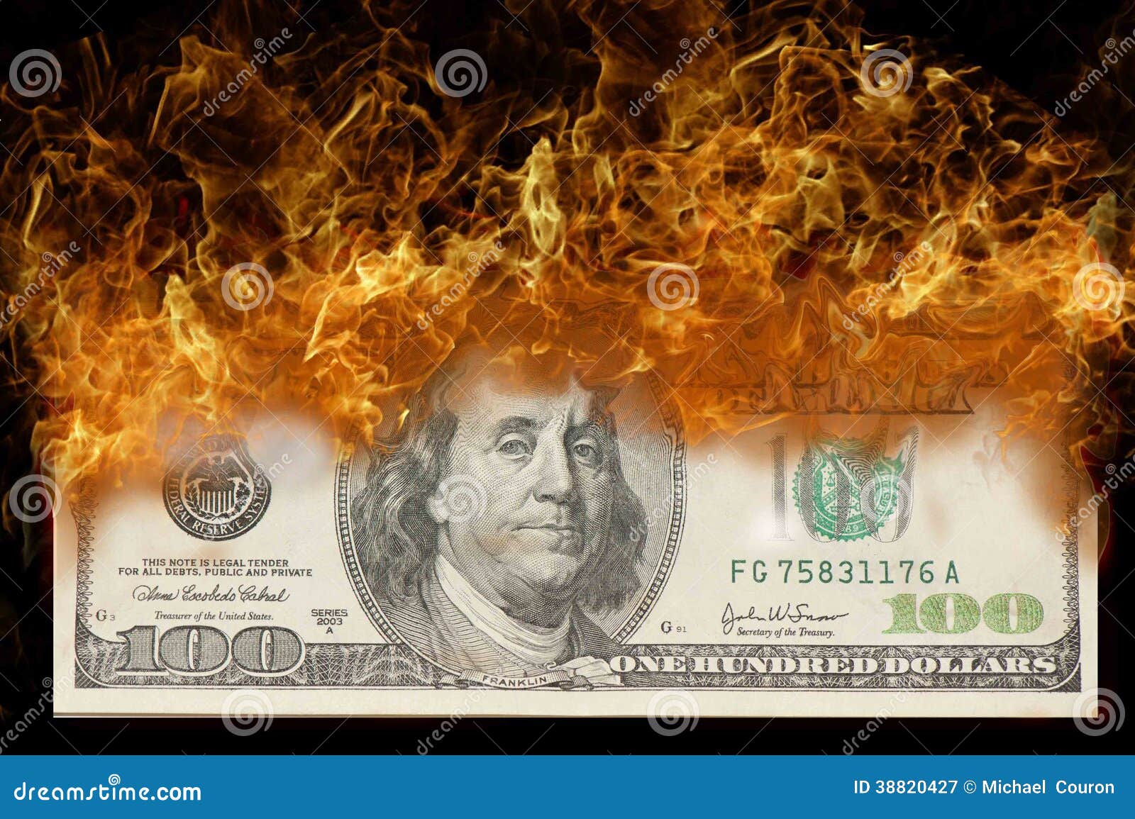 100 dollar bill on fire