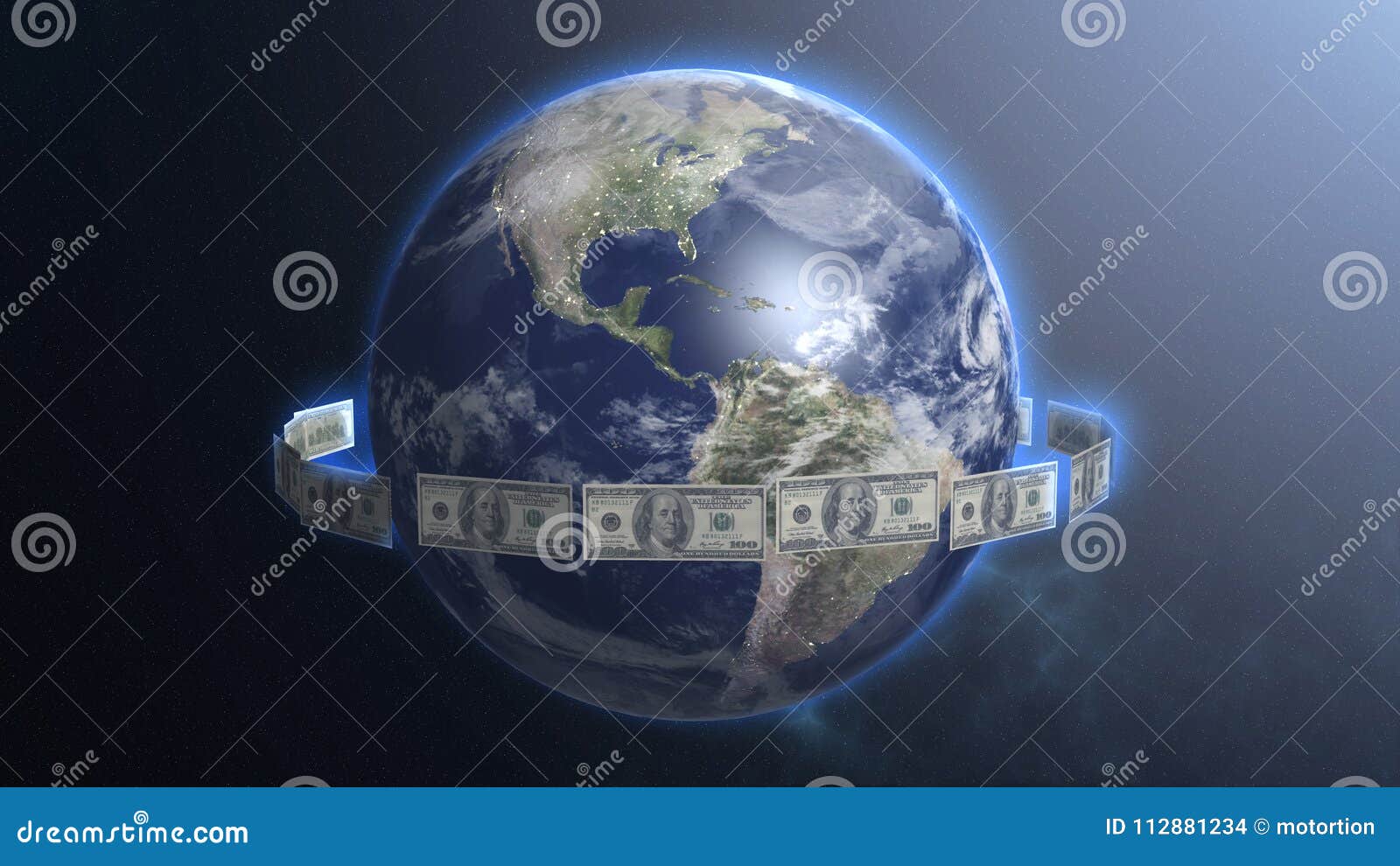 dollar bills around earth planet, money ruling world, cash flow, global trade