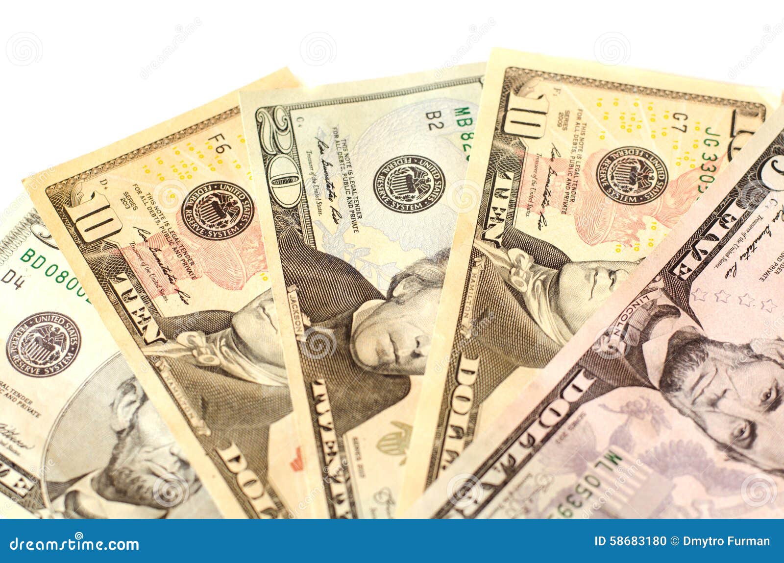 Dollar Bills Face Value Of 5 Five, 10 Ten And 20 Twenty Stock