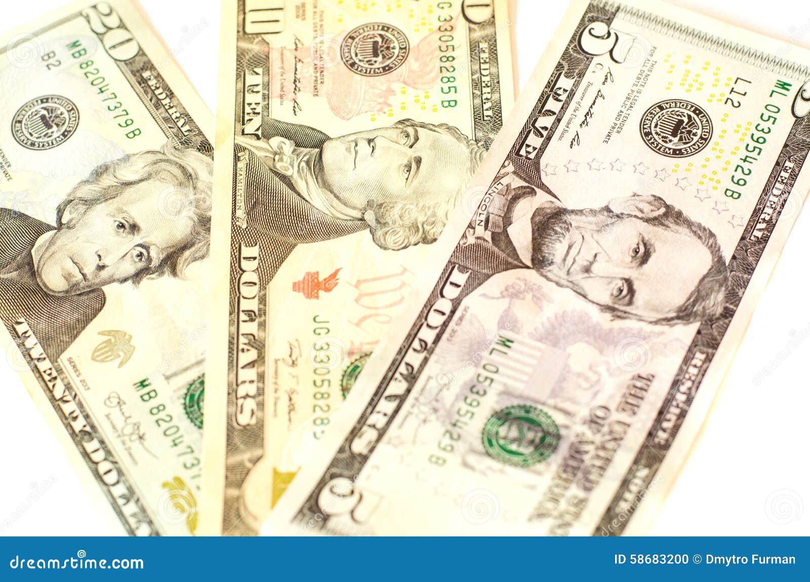 Dollar Bills Face Value of 5 Five, 10 Ten and 20 Twenty Stock