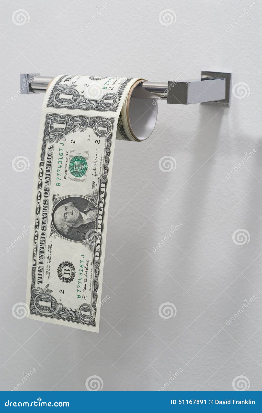US One Dollar Bills Hanging in the Form of Roll of Toilet Paper Stock