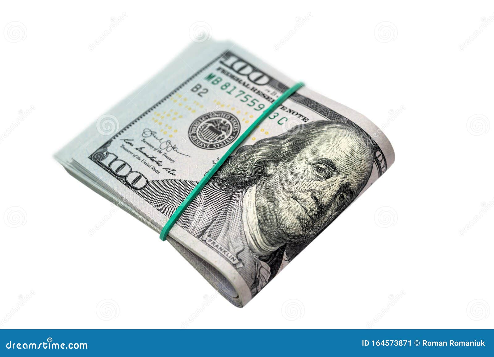 Dollar Bills Together by Rubber Band Isolated on White Background Stock