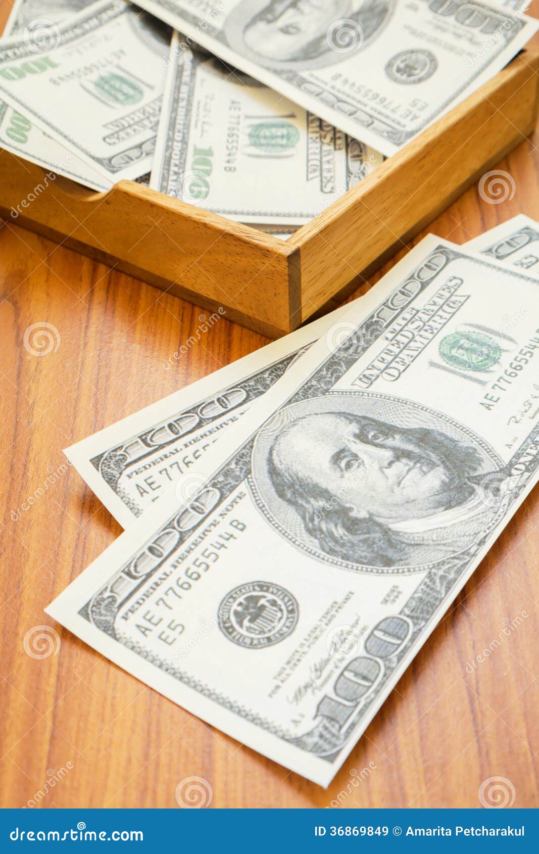 Dollar Bills with Wooden Box Stock Image Image of tray, heap 36869849