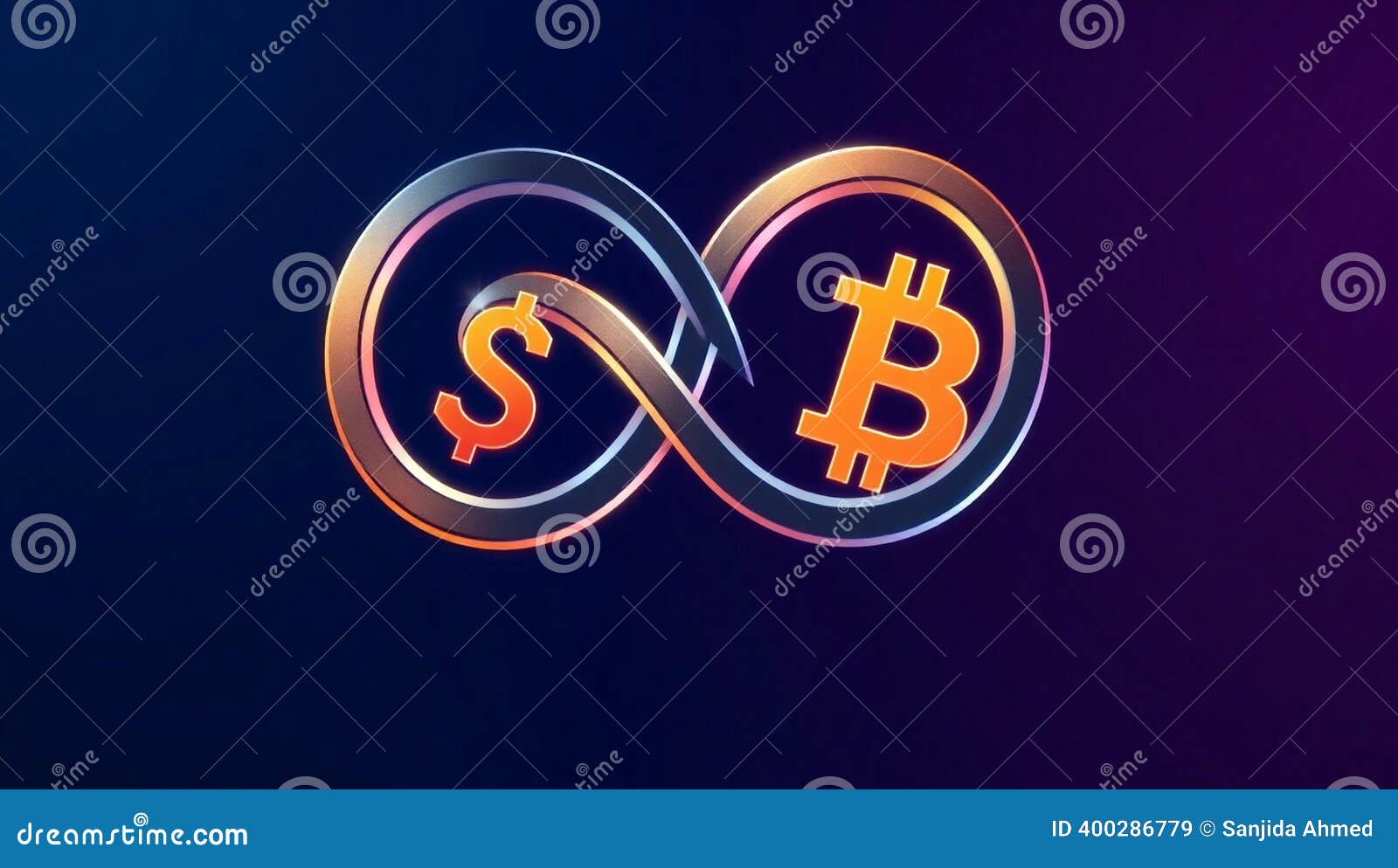 A Dollar and Bitcoin Symbol Connected by an Infinity Loop on a Dark Blue  and Purple Gradient Background Stock Illustration - Illustration of  finance, infinity: 400286779
