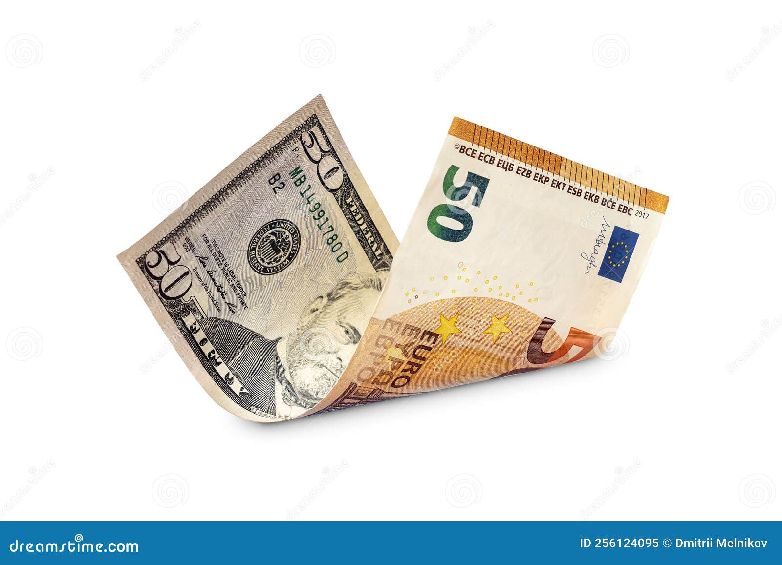 Dollar and Euro Isolated on White Background. Concept of Equality of  Exchange Rates of Dollars and Euros. 50 Dollars and Stock Image - Image of  rate, swap: 256124095