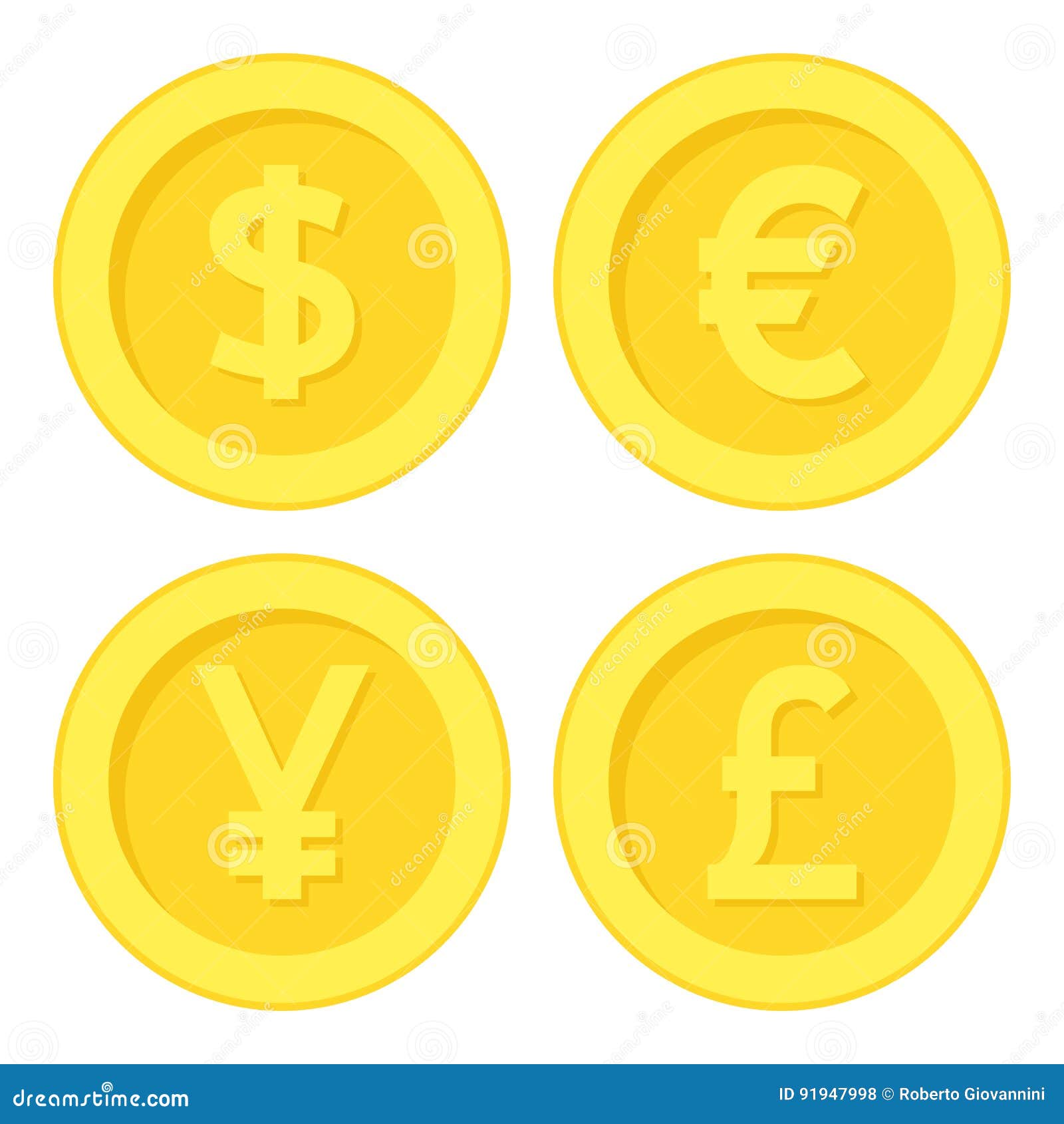 dollar euro yen pound golden coin flat icon