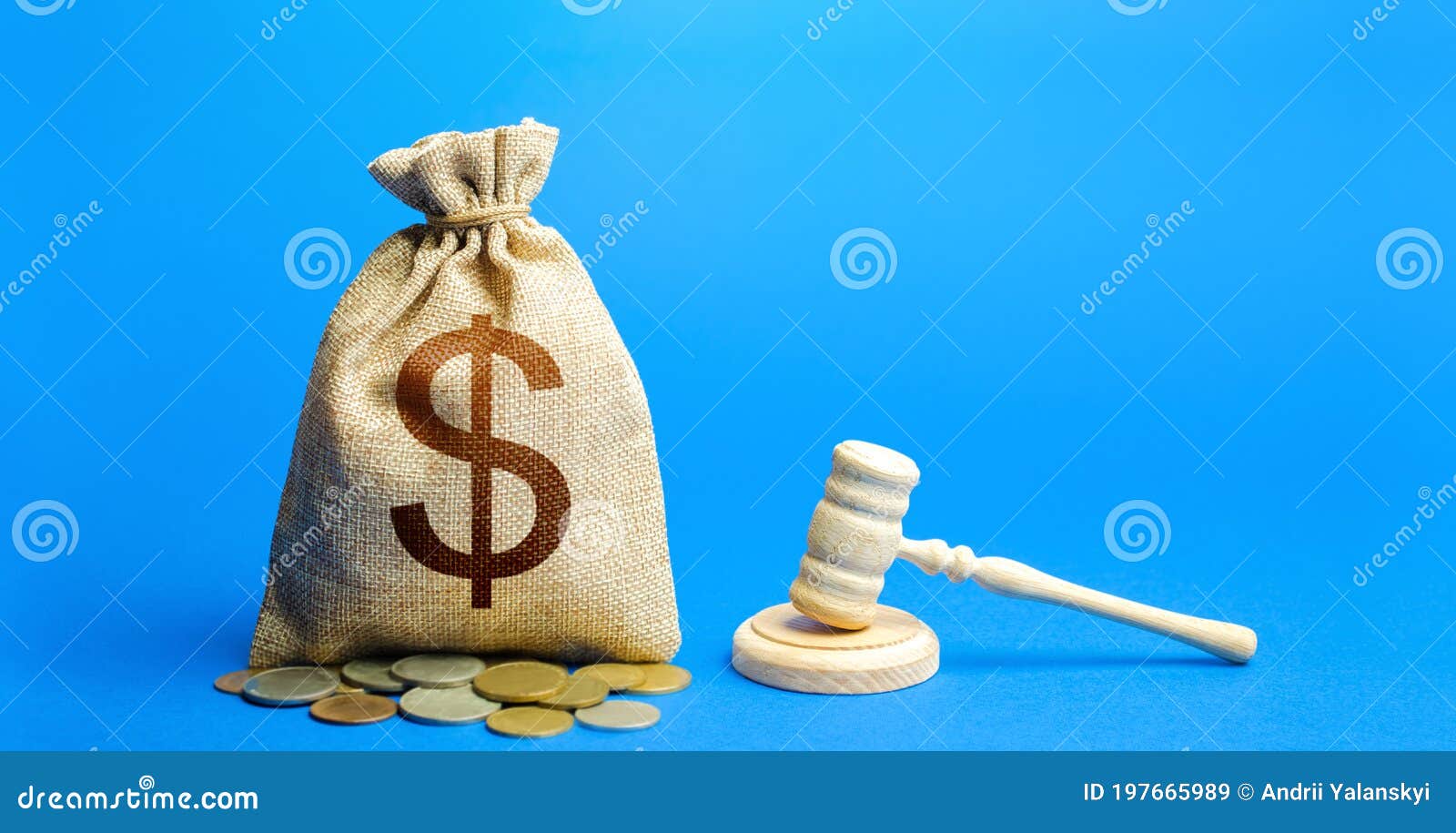 dollar money bag and judge`s gavel. litigation, dispute resolution, conflict of interest settlement. awarding moral financial
