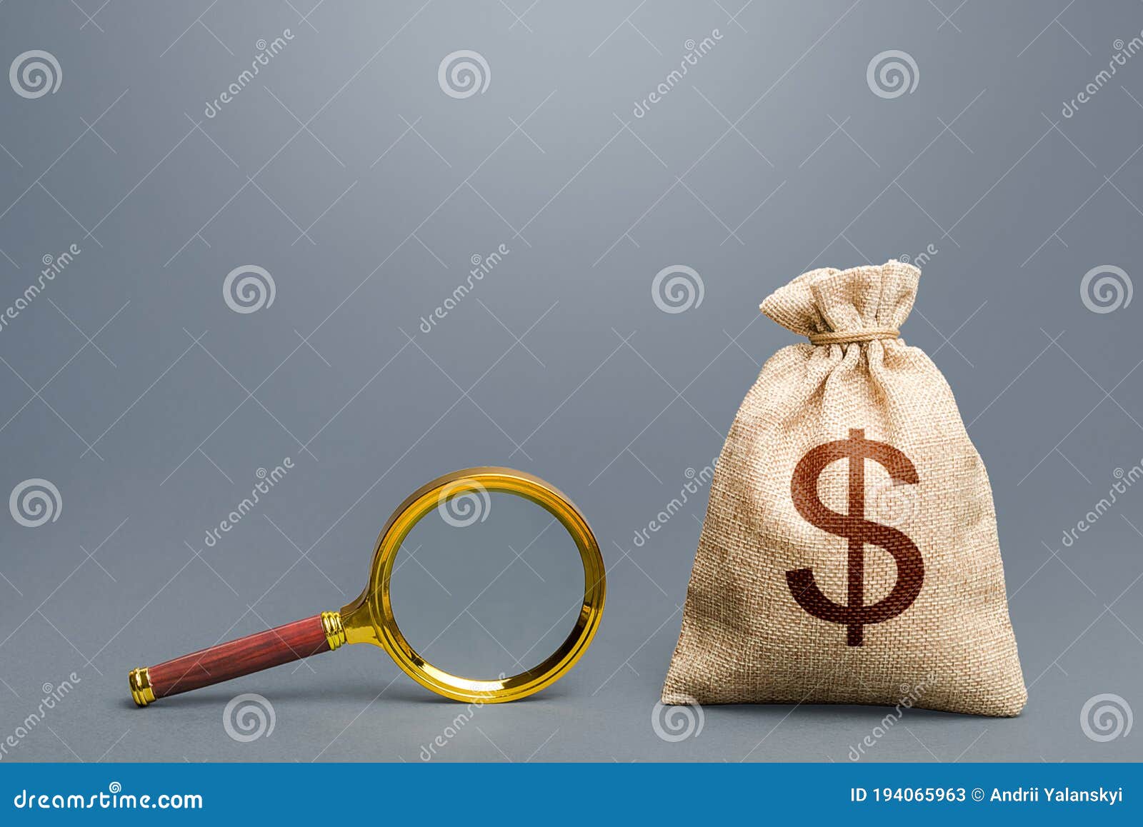 dollar money bag and magnifying glass. financial audit. origin of capital and legality of funds. search and attraction