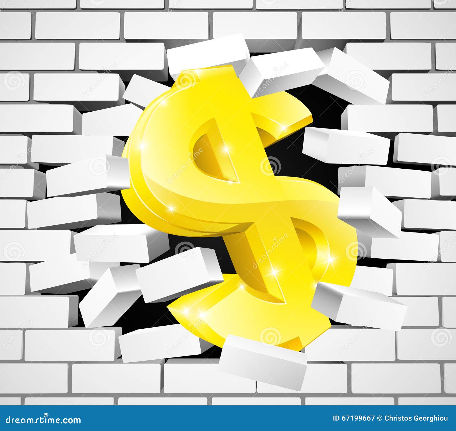 Dollar Sign Breaking through White Brick Wall Stock Vector - Illustration  of business, dollars: 67199667