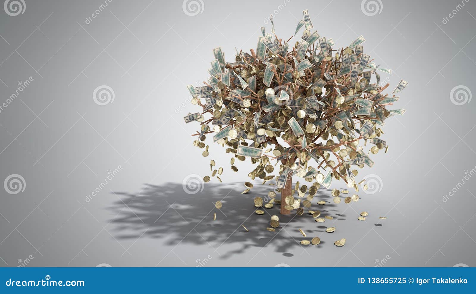 Dollar Tree with Hundred Dollar Bills and Coins Growing Out of the