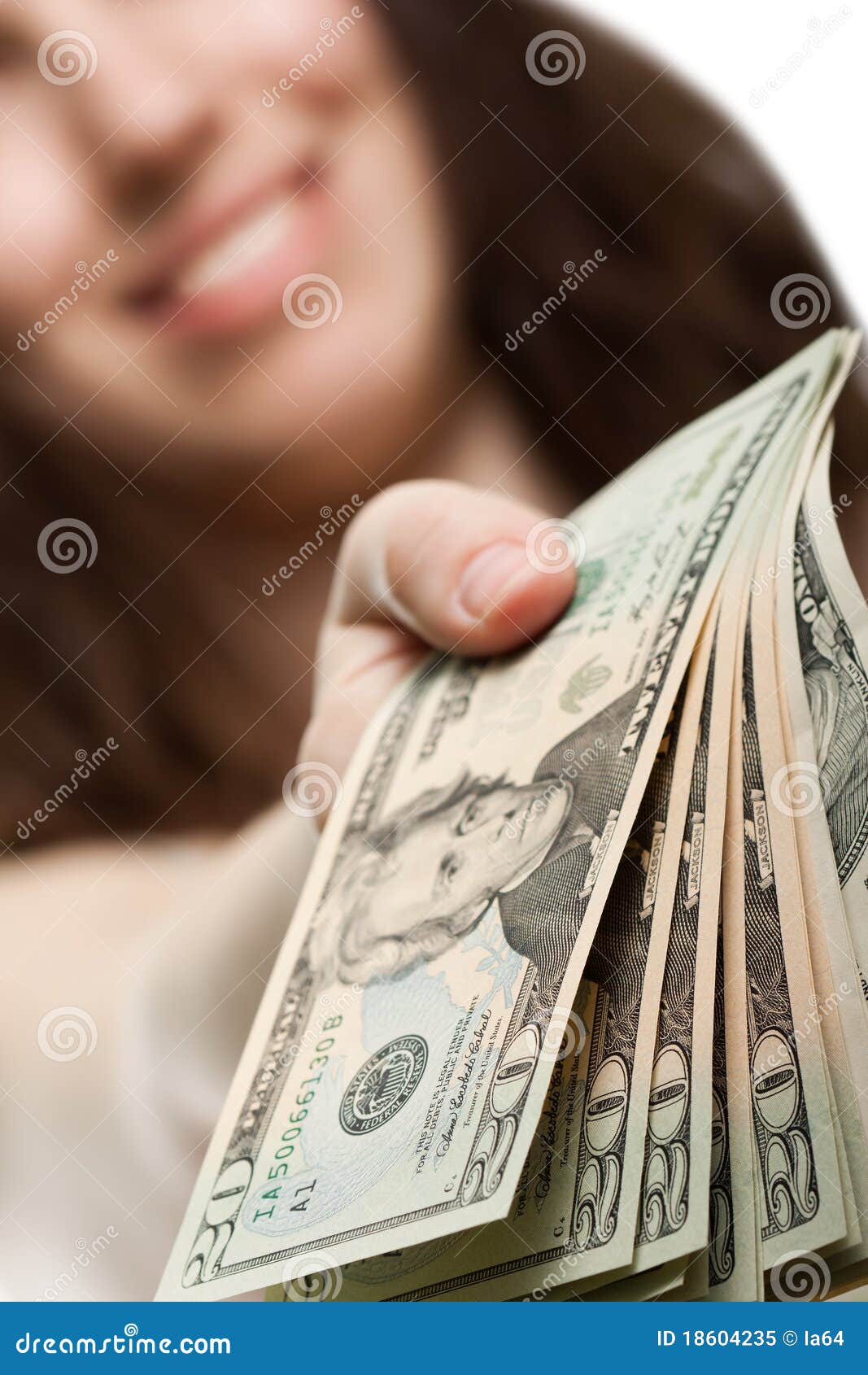 Dollarbargeld in der Hand. Finanzgeschäftsfrauhandholding-Dollarbargeld