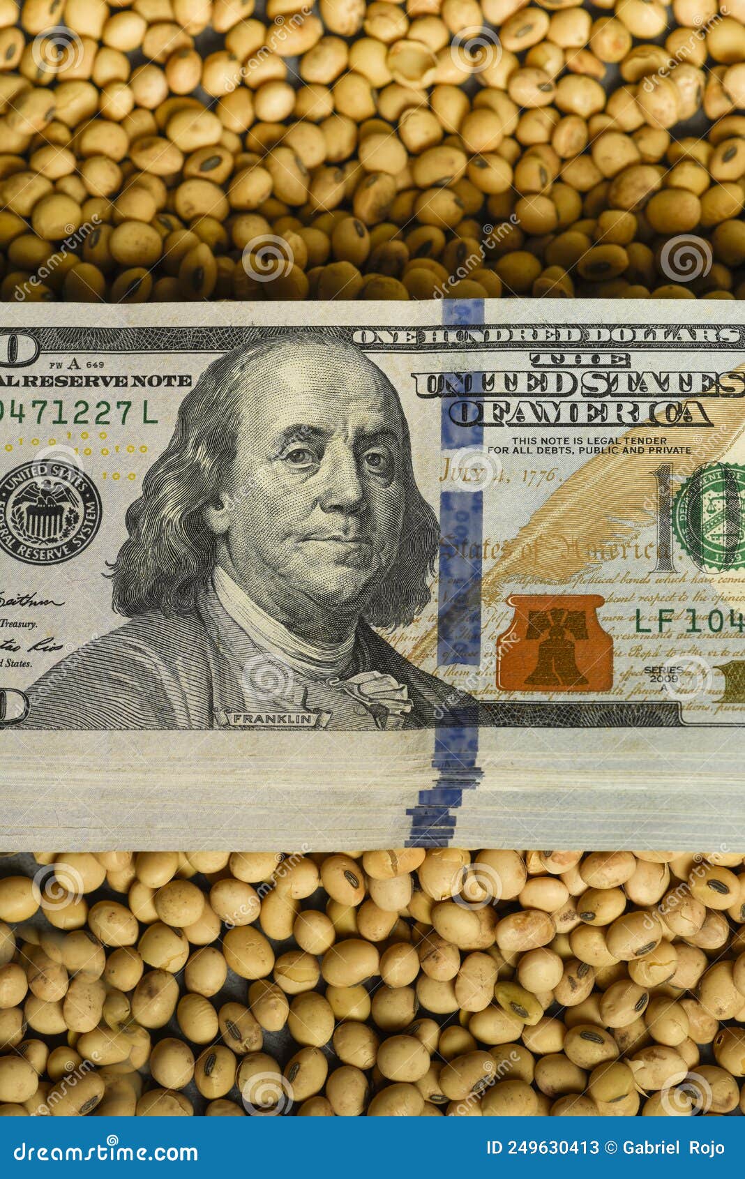 dollars banknotes and coins and soy beans,