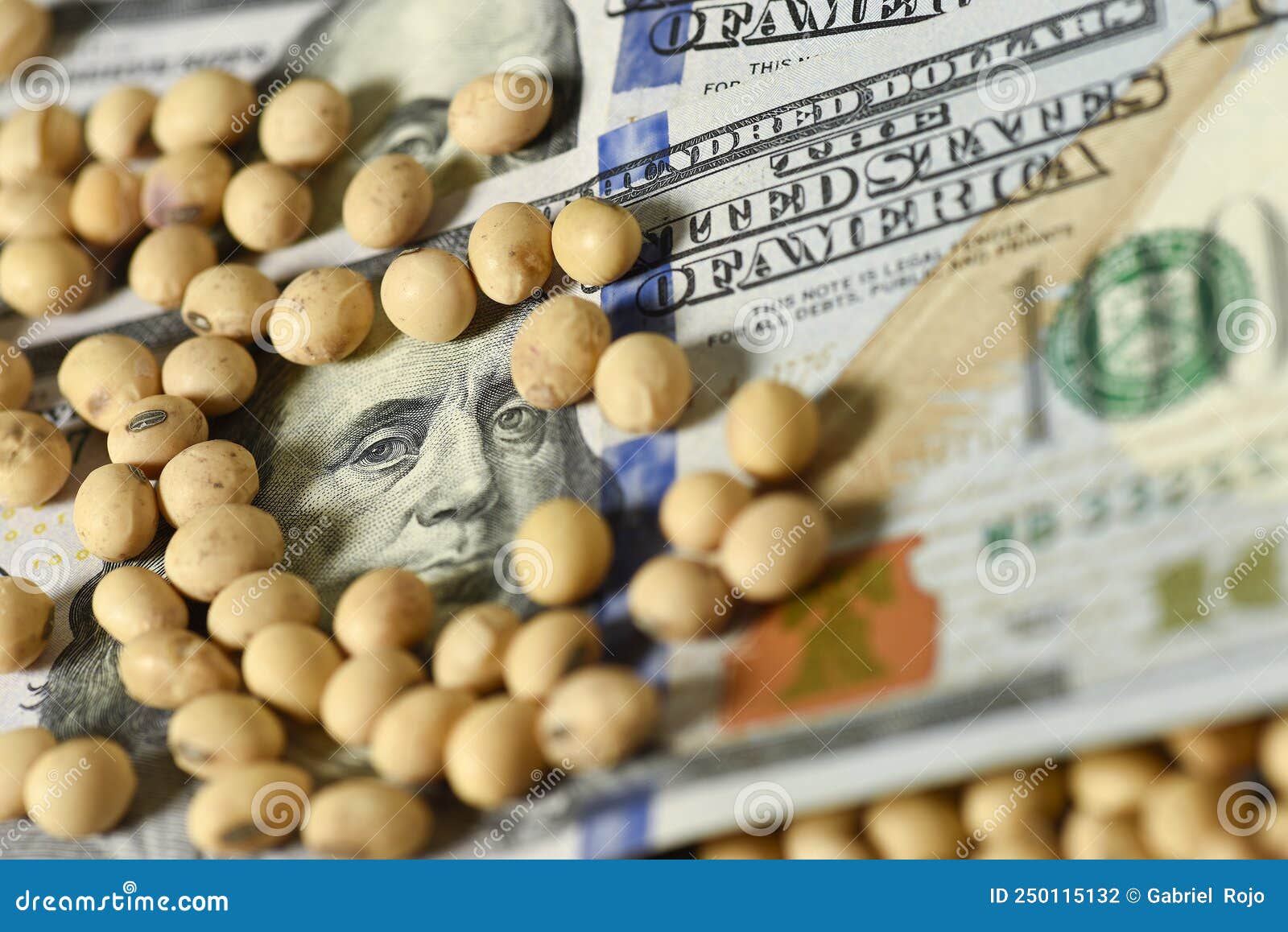 dollars banknotes and coins and soy beans,