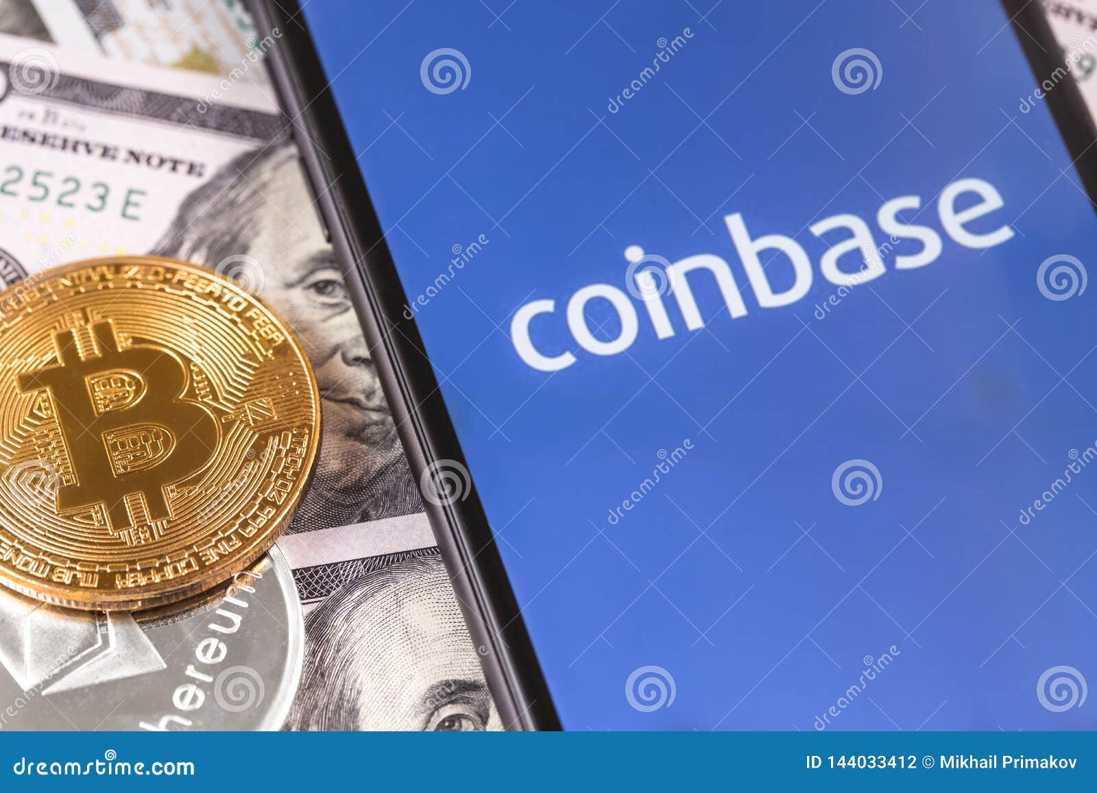 Dollars, Bitcoin, Ethereum And Smartphone With Coinbase ...