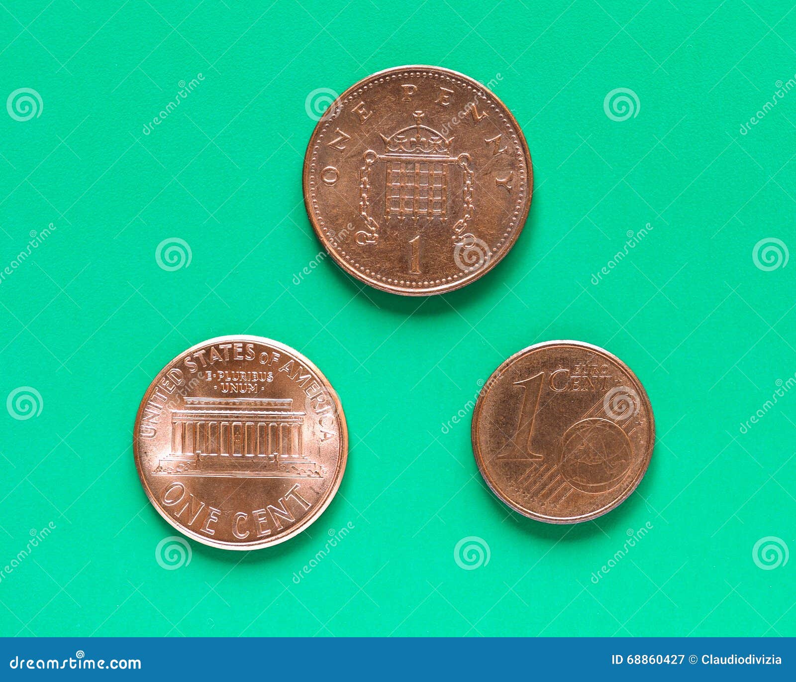 Dollars, Euro and Pounds - 1 Cent, 1 Penny Stock Image - Image of