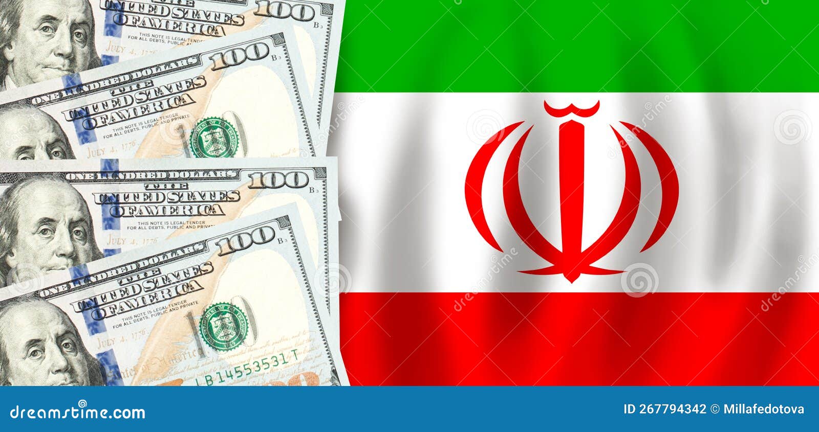 dollars on flag of iran, irani finance, subsidies, social support, gdp concept