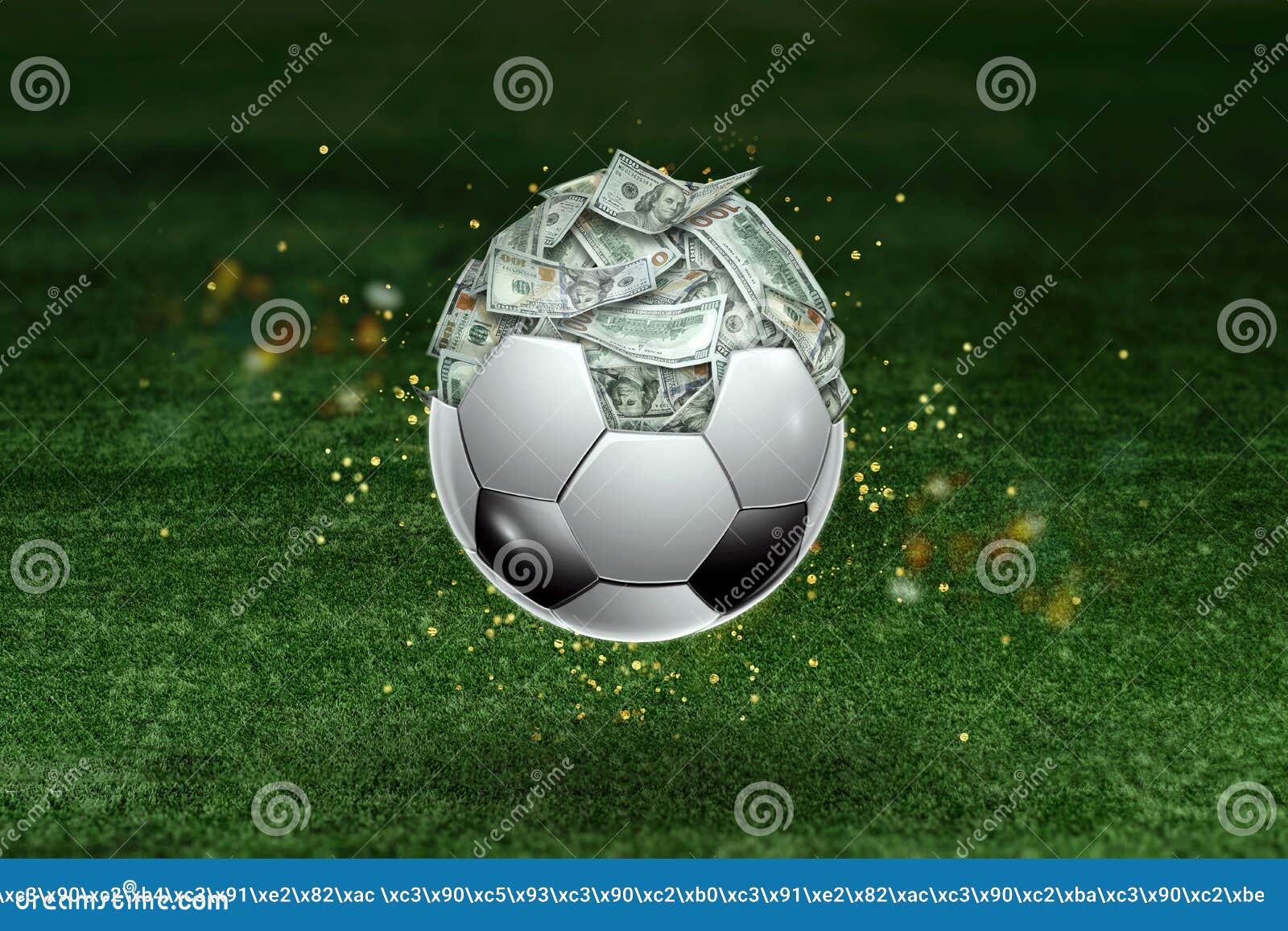 dollars are inside the soccer ball, the ball is full of money. sports betting, soccer betting, gambling, bookmaker, big win